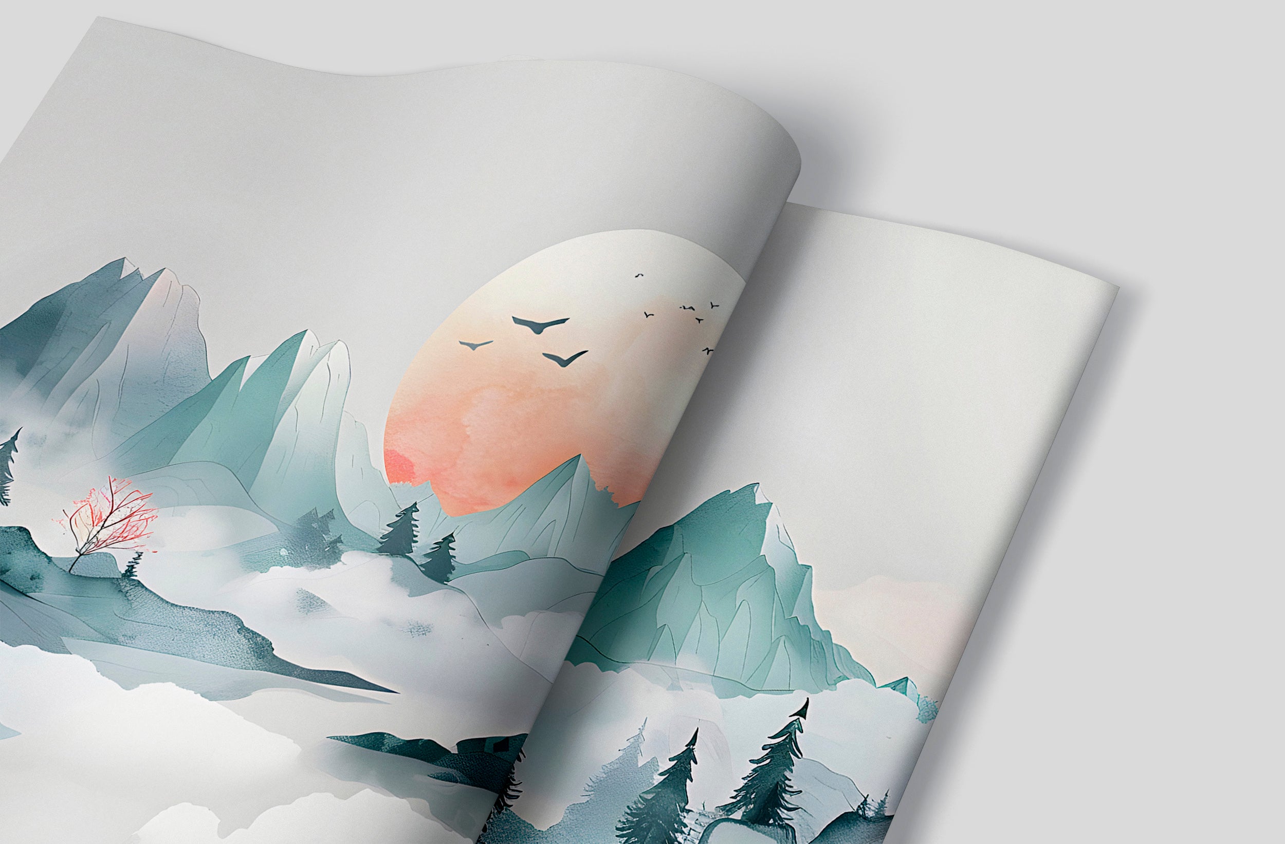 Japanese Abstract Landscape Mural, Peel and Stick Pastel Green Mountains Wallpaper, Foggy Mountain Sunset Watercolor Wall Mural