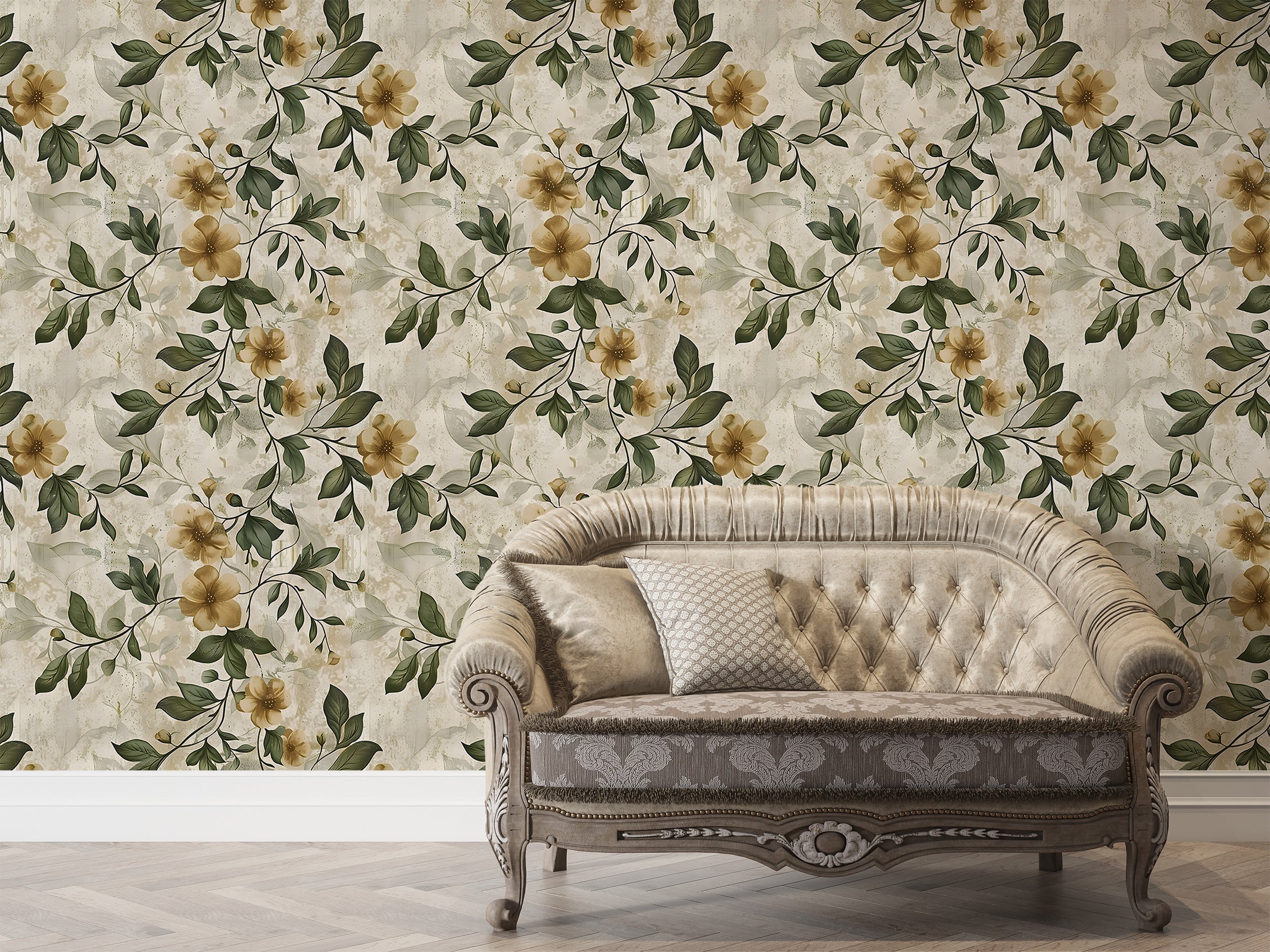 Rustic Beige and Green Floral Wallpaper, Vintage Peel and Stick Botanical Wall Decal, Removable Flowers and Leaves Old Style Wallpaper