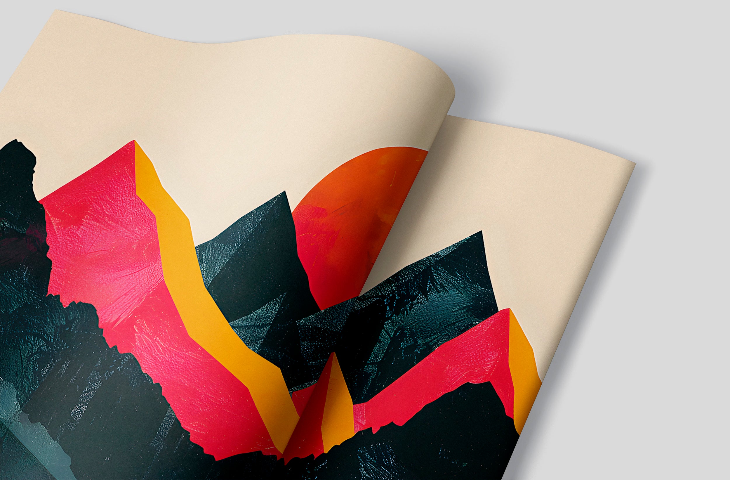 Abstract Landscape in Pop Art Style Mural, Peel and Stick Mountain Sunset Wallpaper, Modern Accent Wall Art, Green and Orange Decor