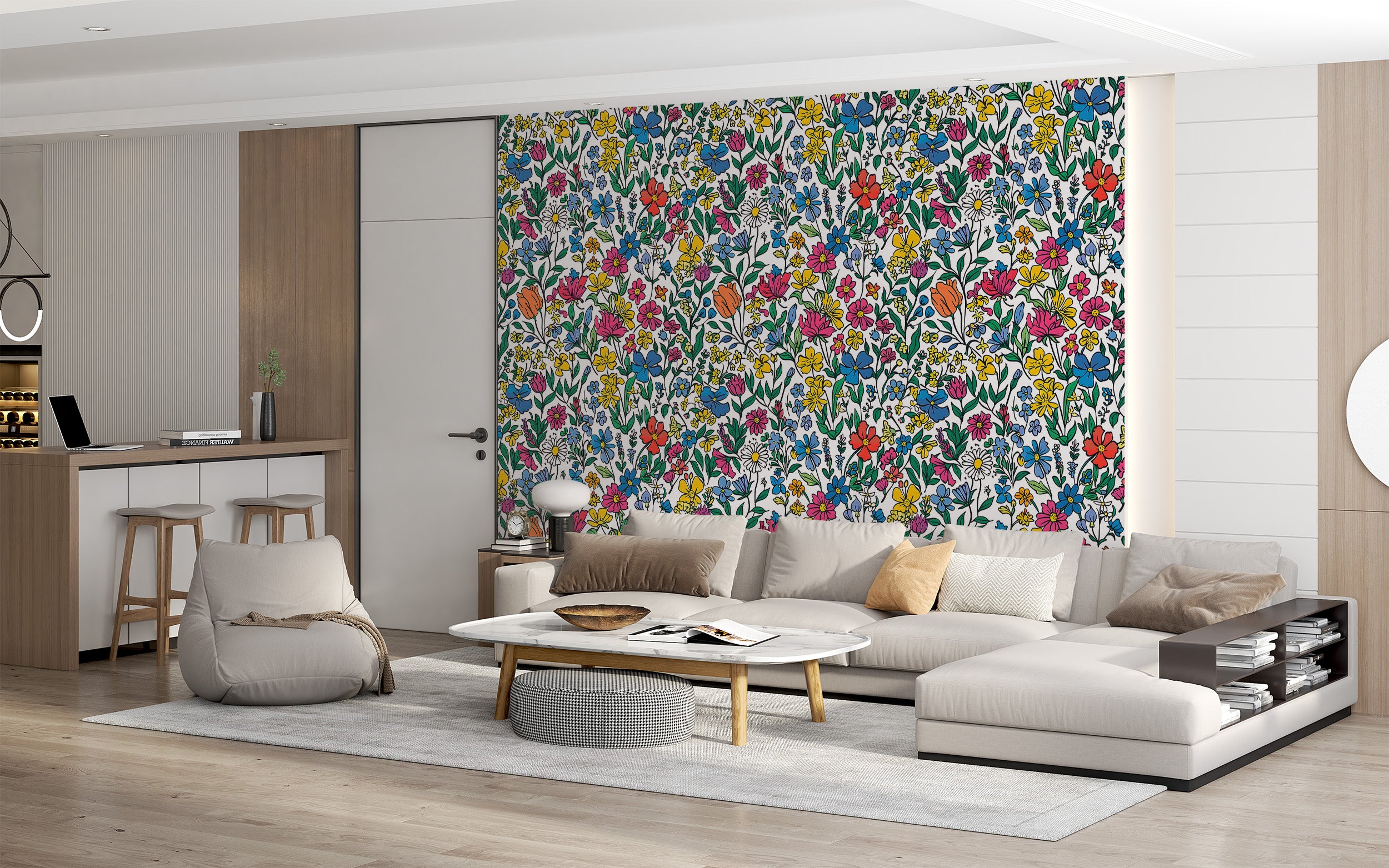Colorful Floral Wallpaper, Watercolor Peel and Stick Meadow Flowers Wall Decal, Removable Cartoon Style Wild Flower Pattern Wallpaper