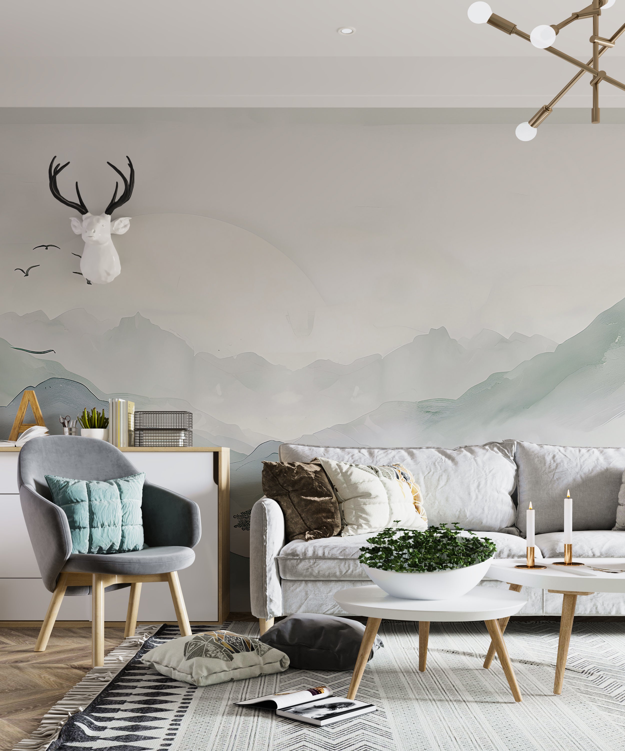 Pastel Mint Mountain Landscape Wall Mural, Self-adhesive Soft Green Japanese Nature Wallpaper, Removable Minimalistic Nursery Wall Decal