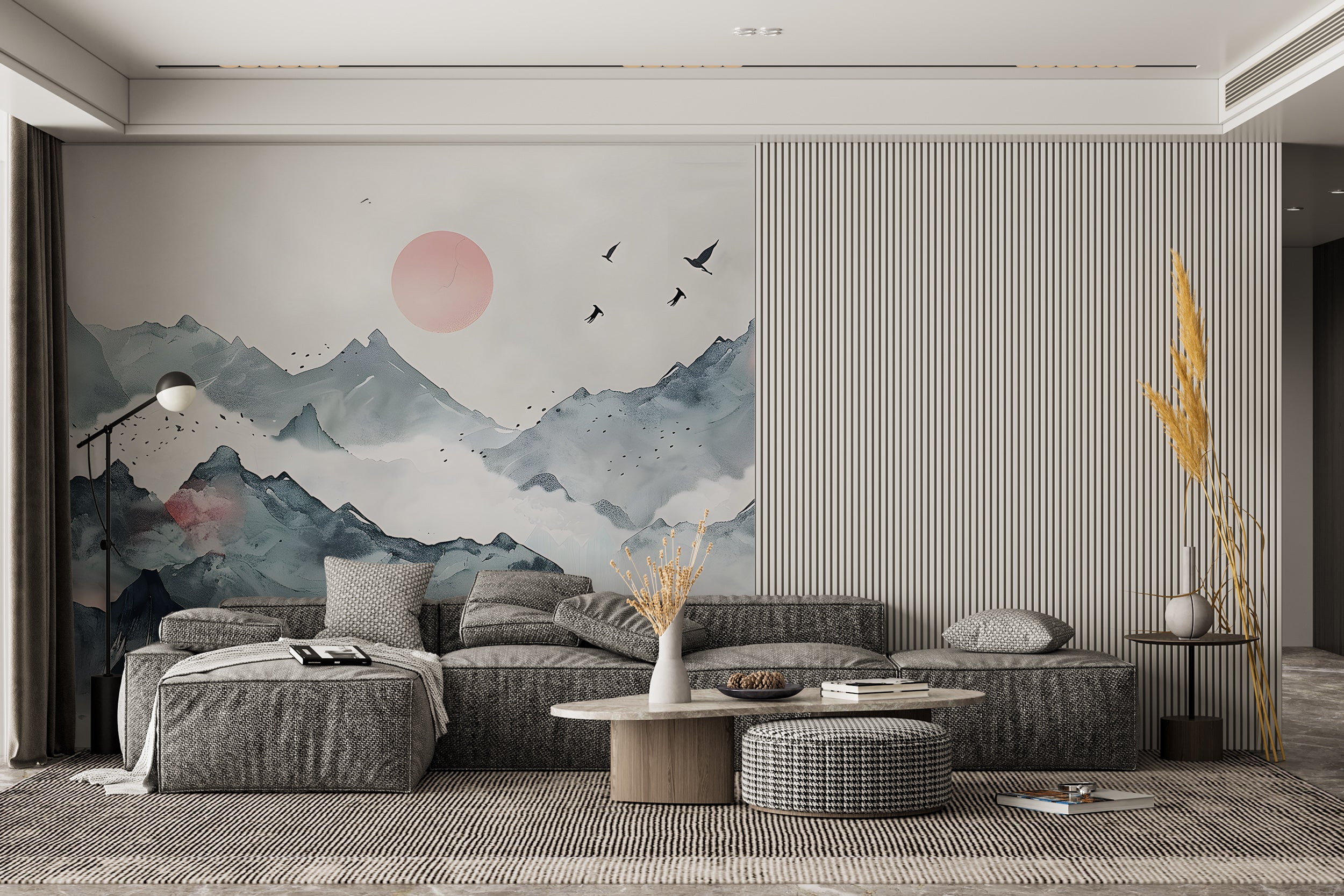 Abstract Mountains Sunset Mural, Watercolor Japanese Landscape Wallpaper, Peel and Stick Removable Green Foggy Mountain Wall Decal
