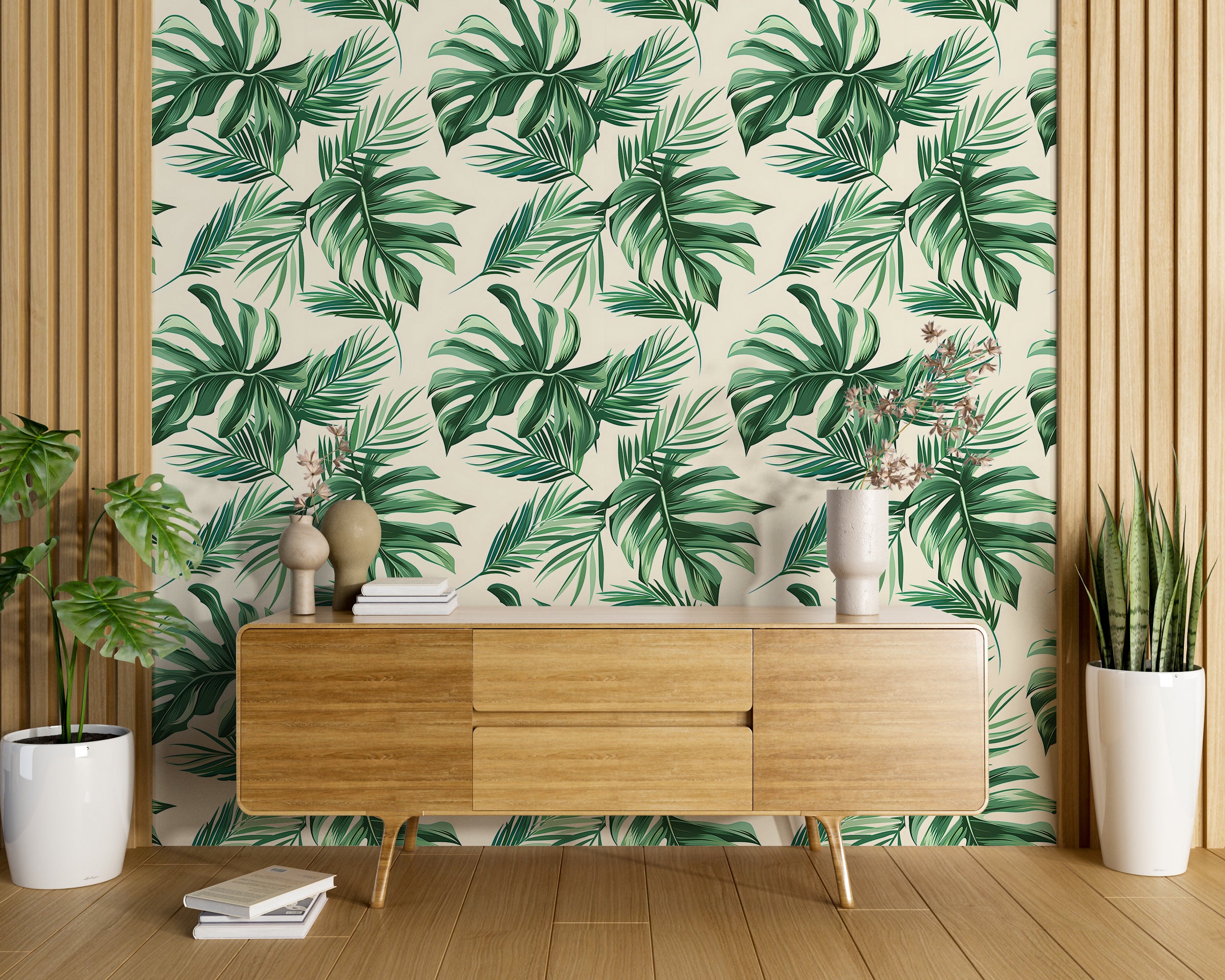 Palm Leaves Wallpaper, Green and Beige Tropical Wall Decal, Peel and Stick Palms Wallpaper, Removable Jungle Floral Wall Decor