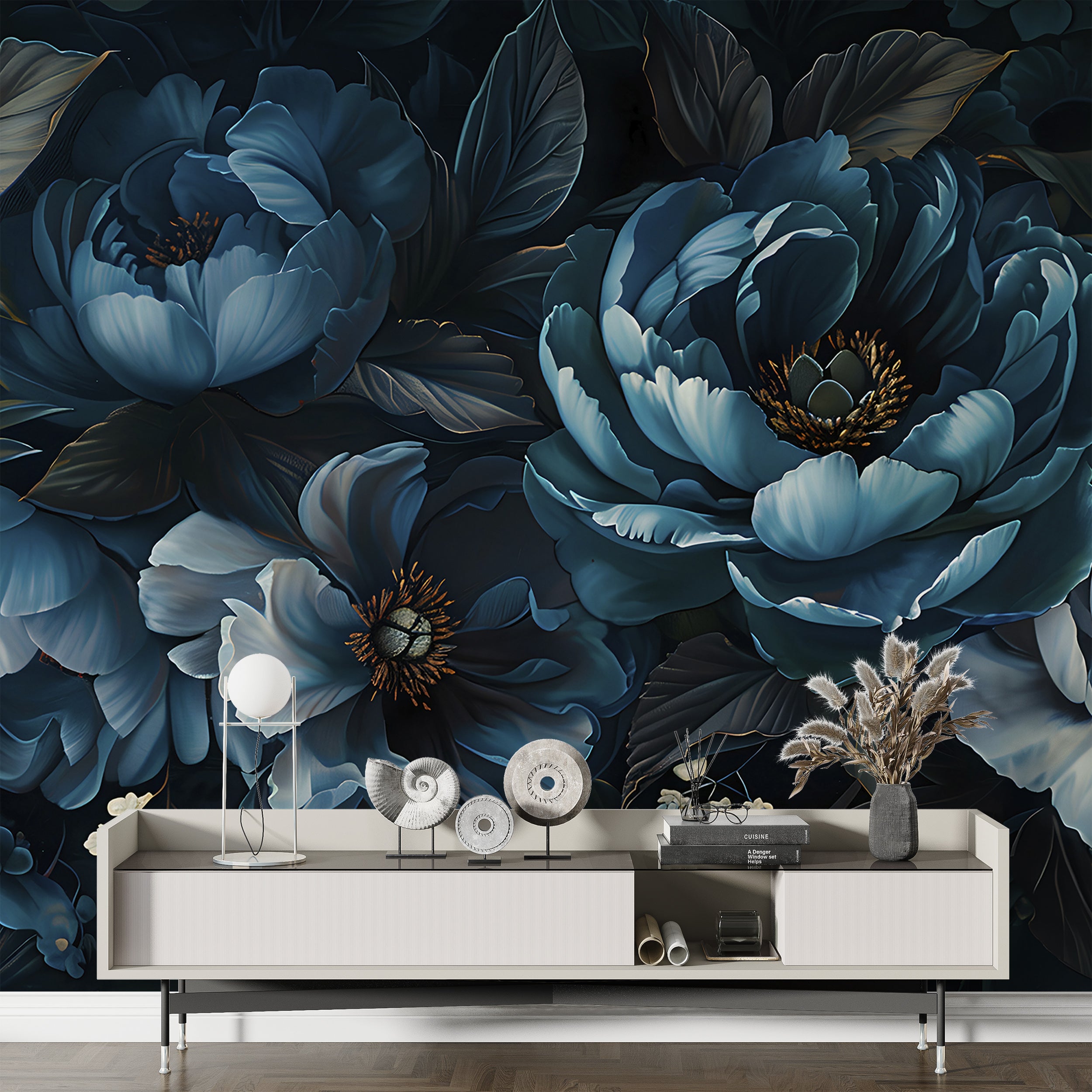 Dark Blue Peonies Mural, Peel and Stick Large Flowers Wallpaper, Removable Deep Blue Floral Wall Decal, Peony Accent Wall Art, PVC free Decor