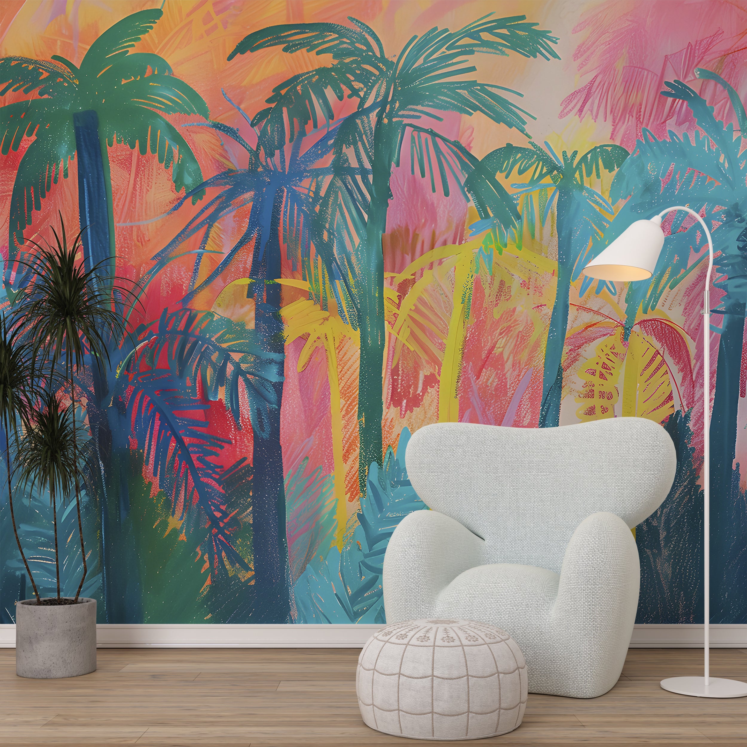 Colorful Palm Trees in Crayon Drawing Style Mural, Peel and Stick Tropical Wallpaper, PVC-free Abstract Palms Wall Mural, Nursery Decal