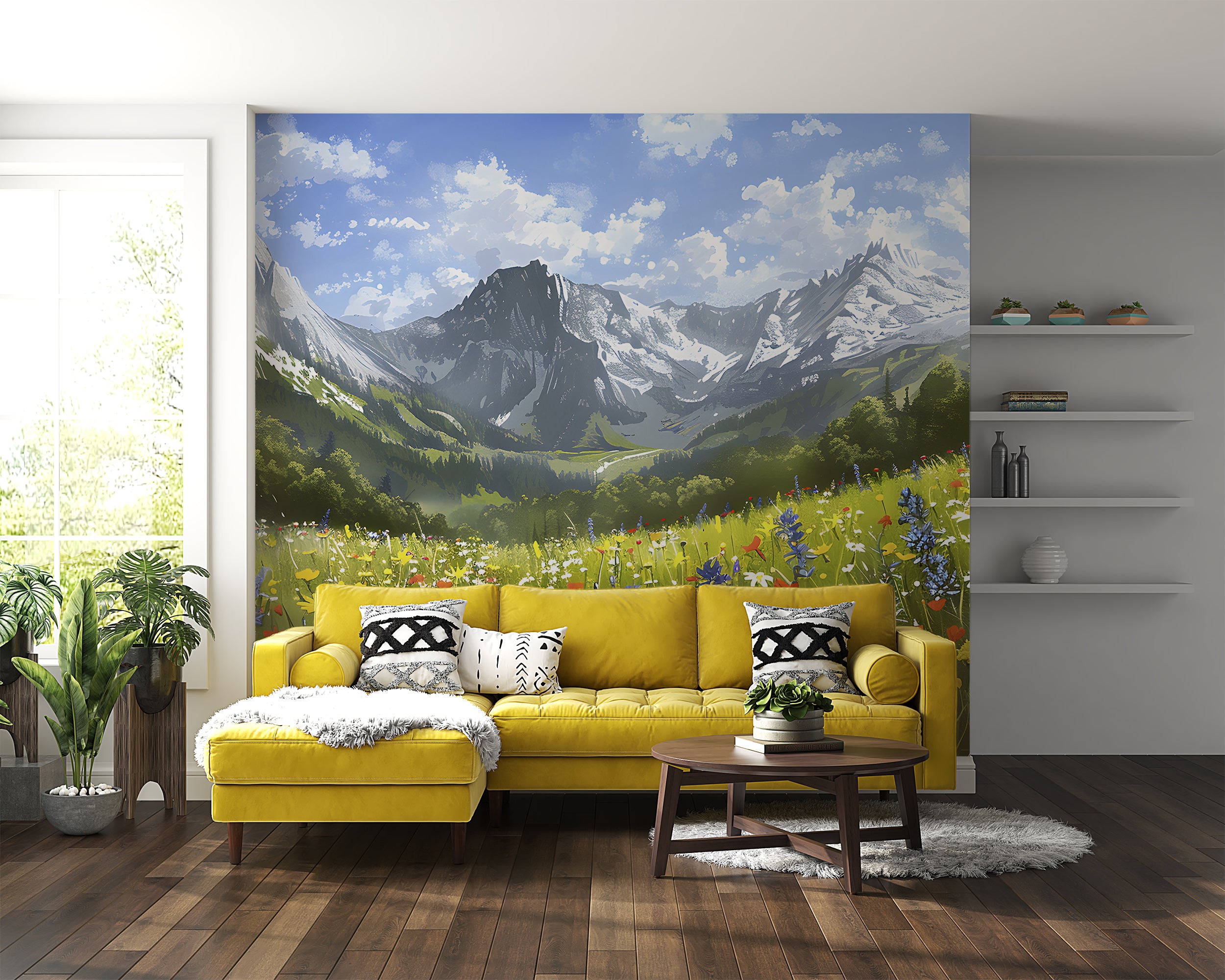 Colorful Flower Field Mural, Peel and Stick Mountain Wild Flower Field Wallpaper, Removable Nature Mural, Watercolor Floral Landscape Wall Decal