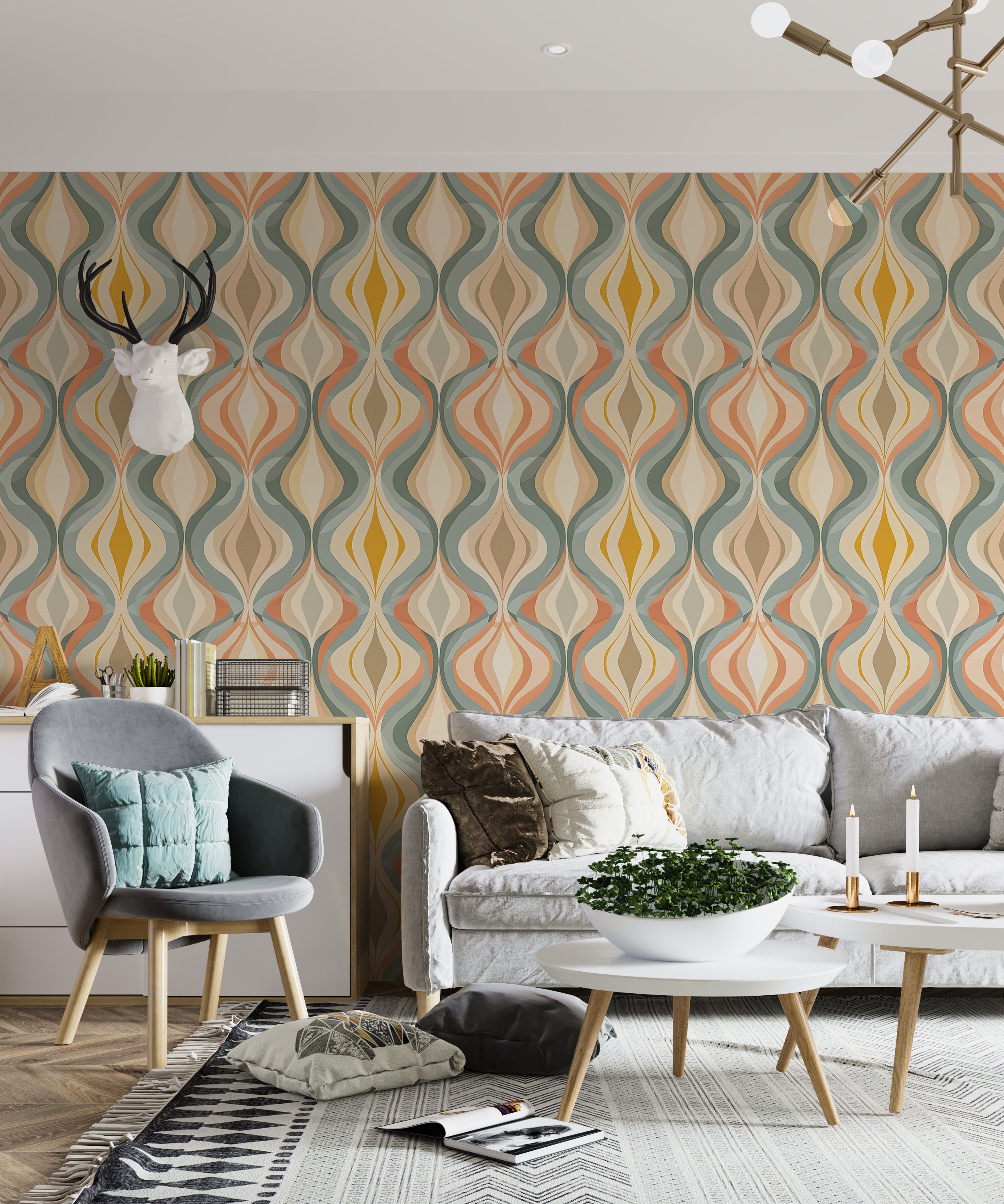 Abstract Wavy Pattern Wallpaper in Pastel Colors, Peel and Stick Geometrical Wallpaper, Removable PVC free Nursery Wall Decal