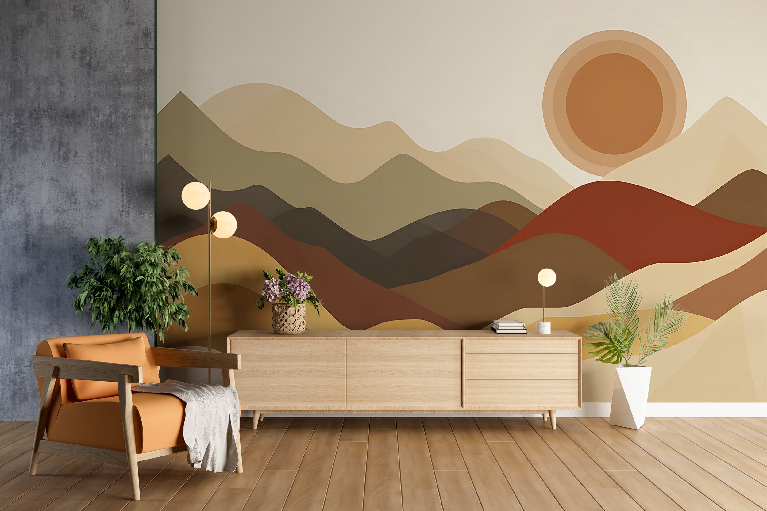 Boho Style Mountains Sunset Mural, Beige and Brown Watercolor Mountain Landscape, Nursery Peel and Stick Abstract Sand Dunes