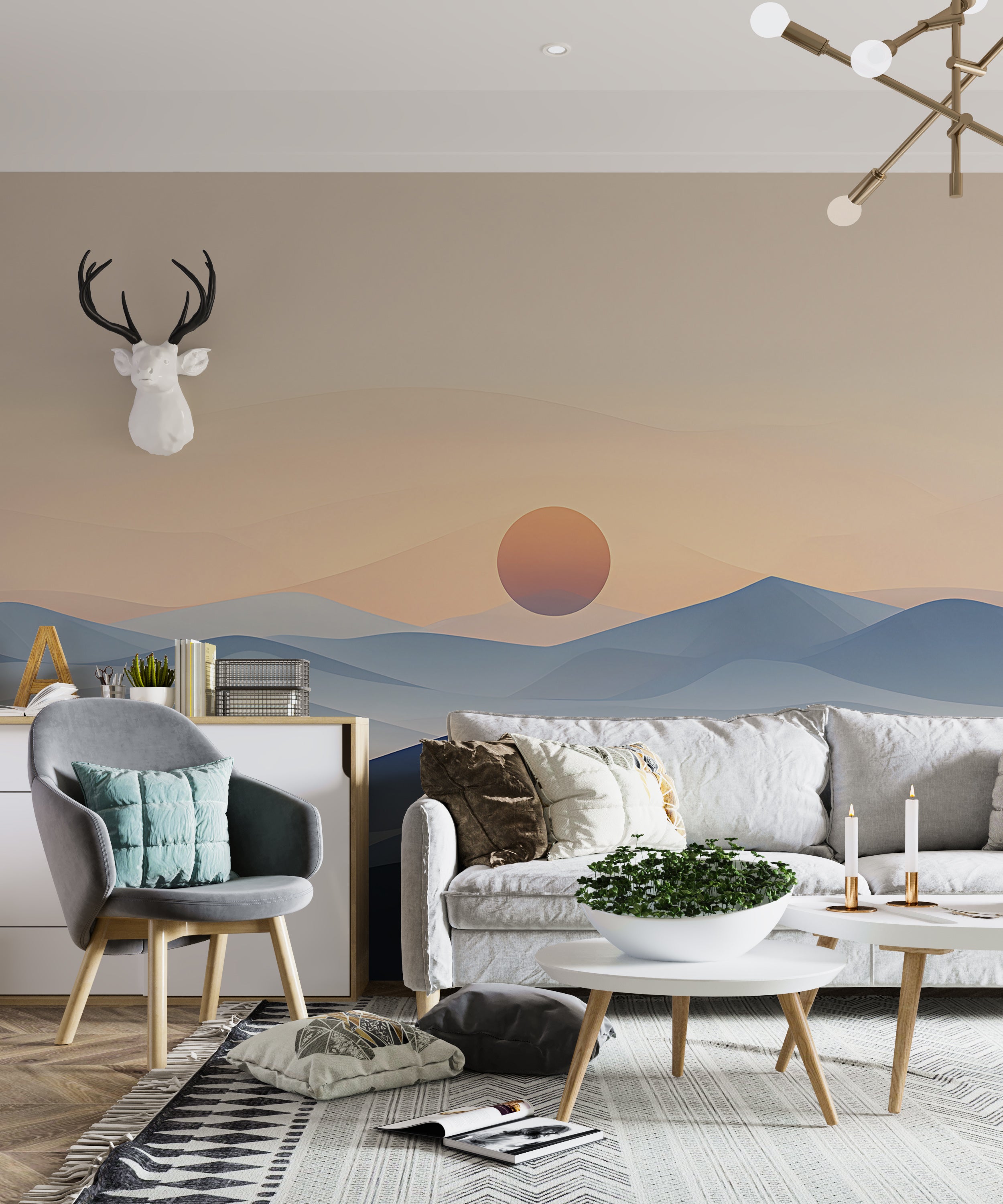 Minimalistic Abstract Blue Mountains Wall Mural, Watercolor Landscape Self-adhesive Wallpaper in Pastel Colors, Bathroom Accent Wall Art