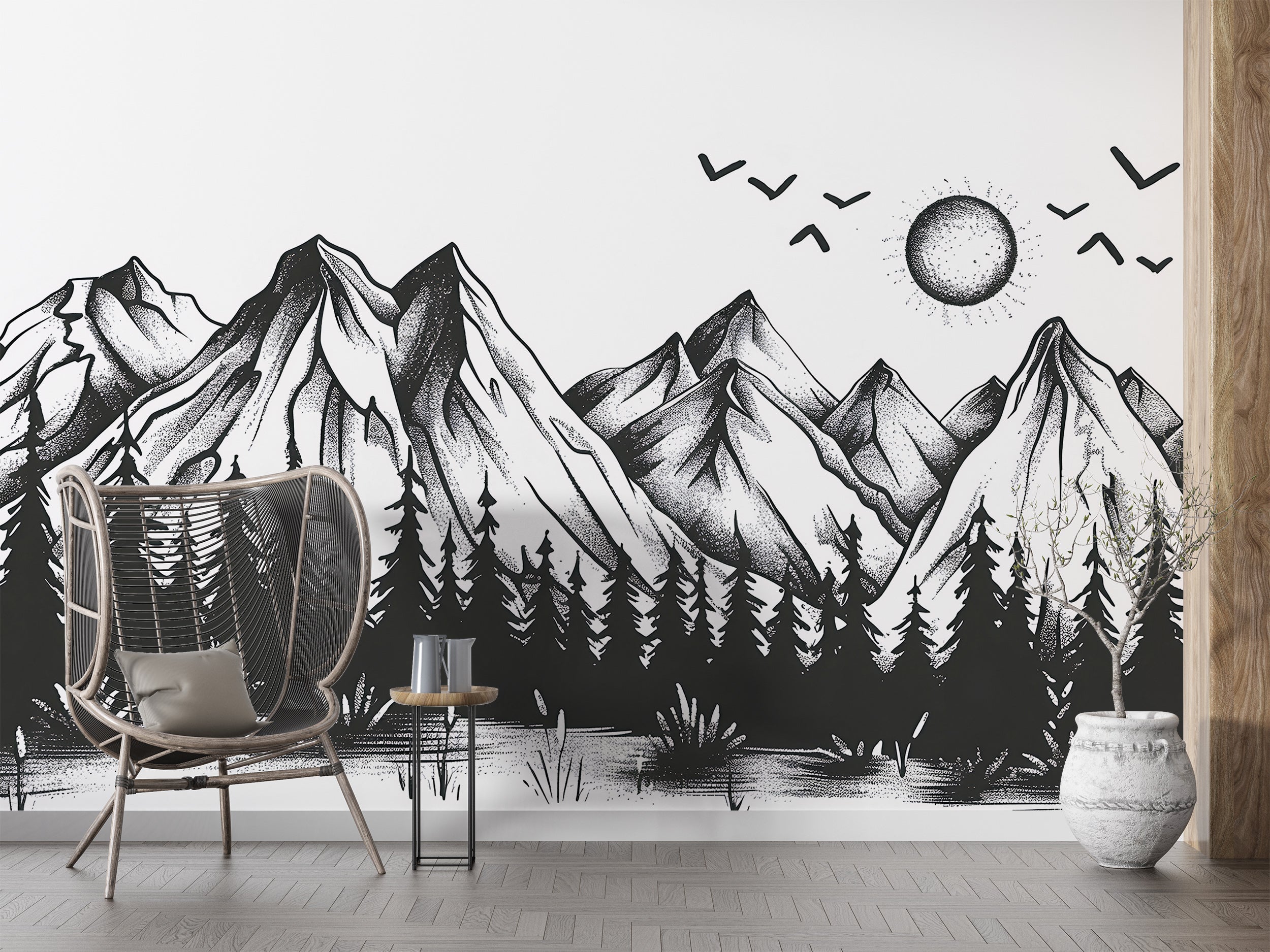 Mountains and Forest in Doodling Style Mural, Black and White Wild Nature Landscape Wallpaper, Peel and Stick Birds Sun Mountains Art