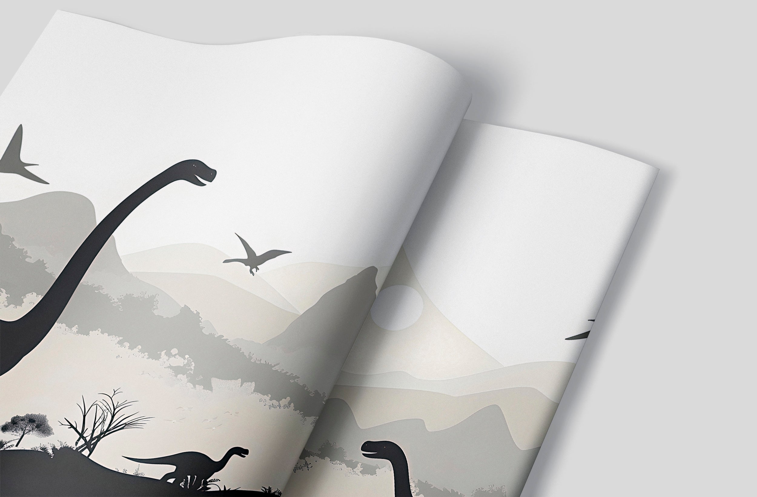 Dinosaurs Nursery Wall Mural, Ancient World Life Wallpaper, Peel and Stick Mountains Grey Playroom Mural, Custom Size Removable Decal