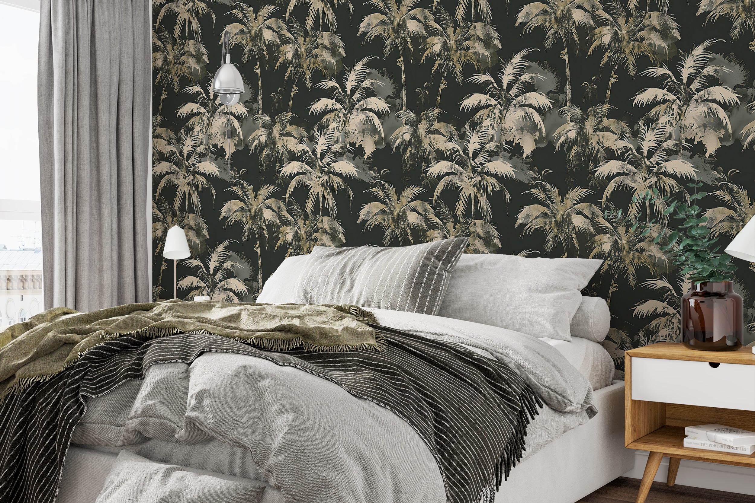 Palm Leaves Dark Wallpaper, Green and Beige Tropical Wall Decal, Peel and Stick Palm Tree Wallpaper, Removable Coastal Botanical Decor