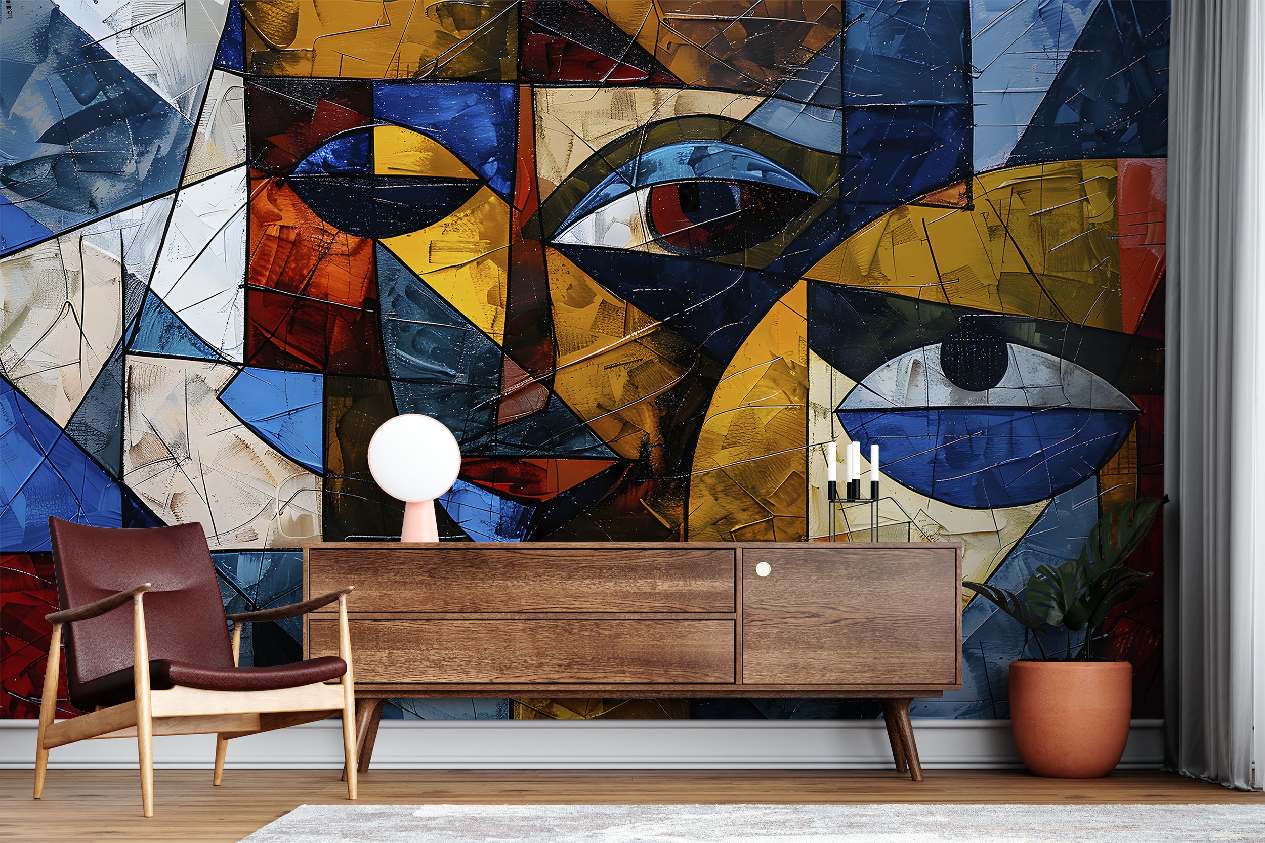 Abstract Mural in Cubism Style, Peel and Stick Colorful Modern Wallpaper, Removable Abstract Faces Wall Decal, Accent Wall Art