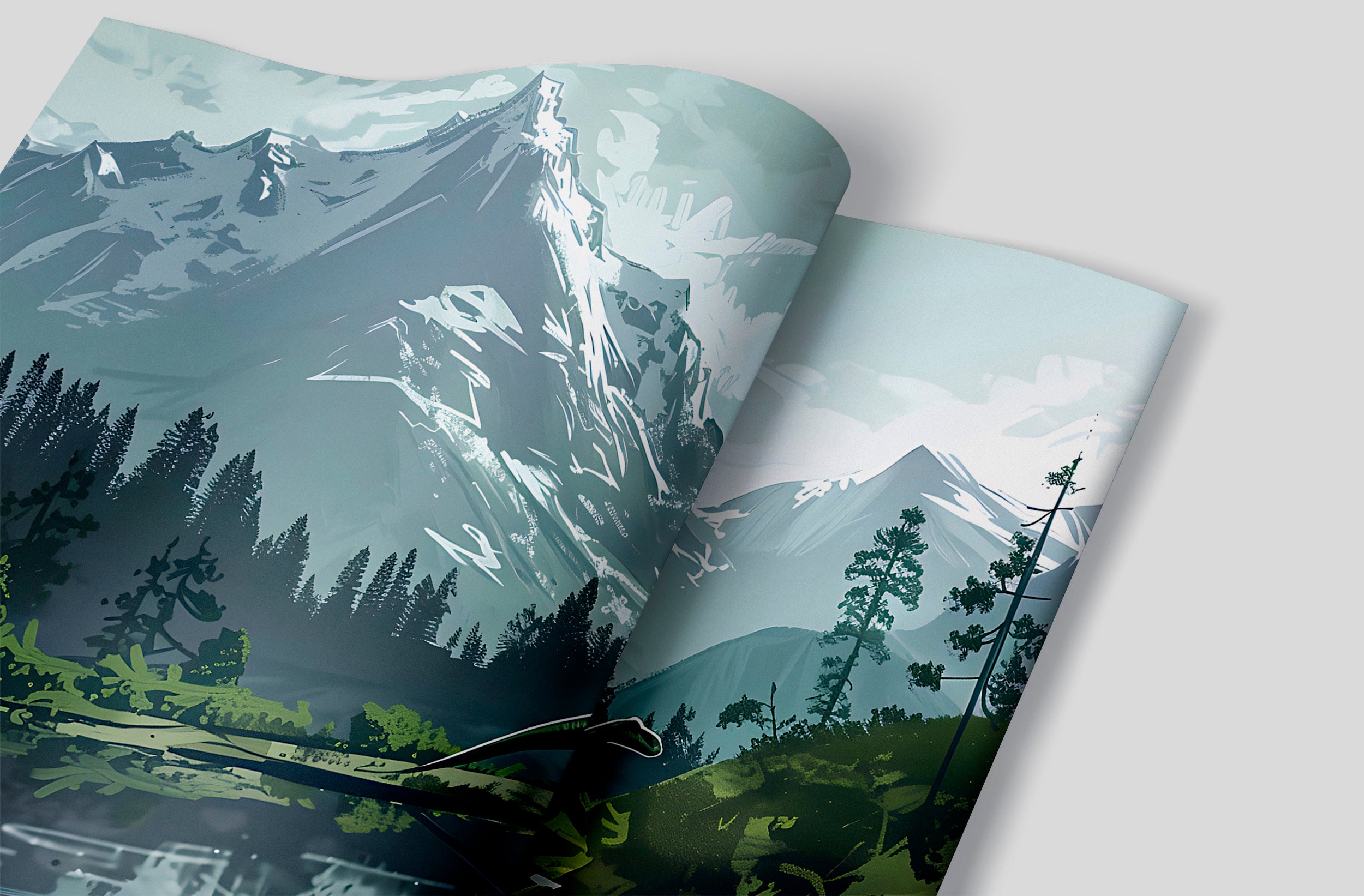 Watercolor Mountains and Forest Mural, Dinosaur Wall Mural, Nursery Peel and Stick Wild Nature Landscape, Removable Decal