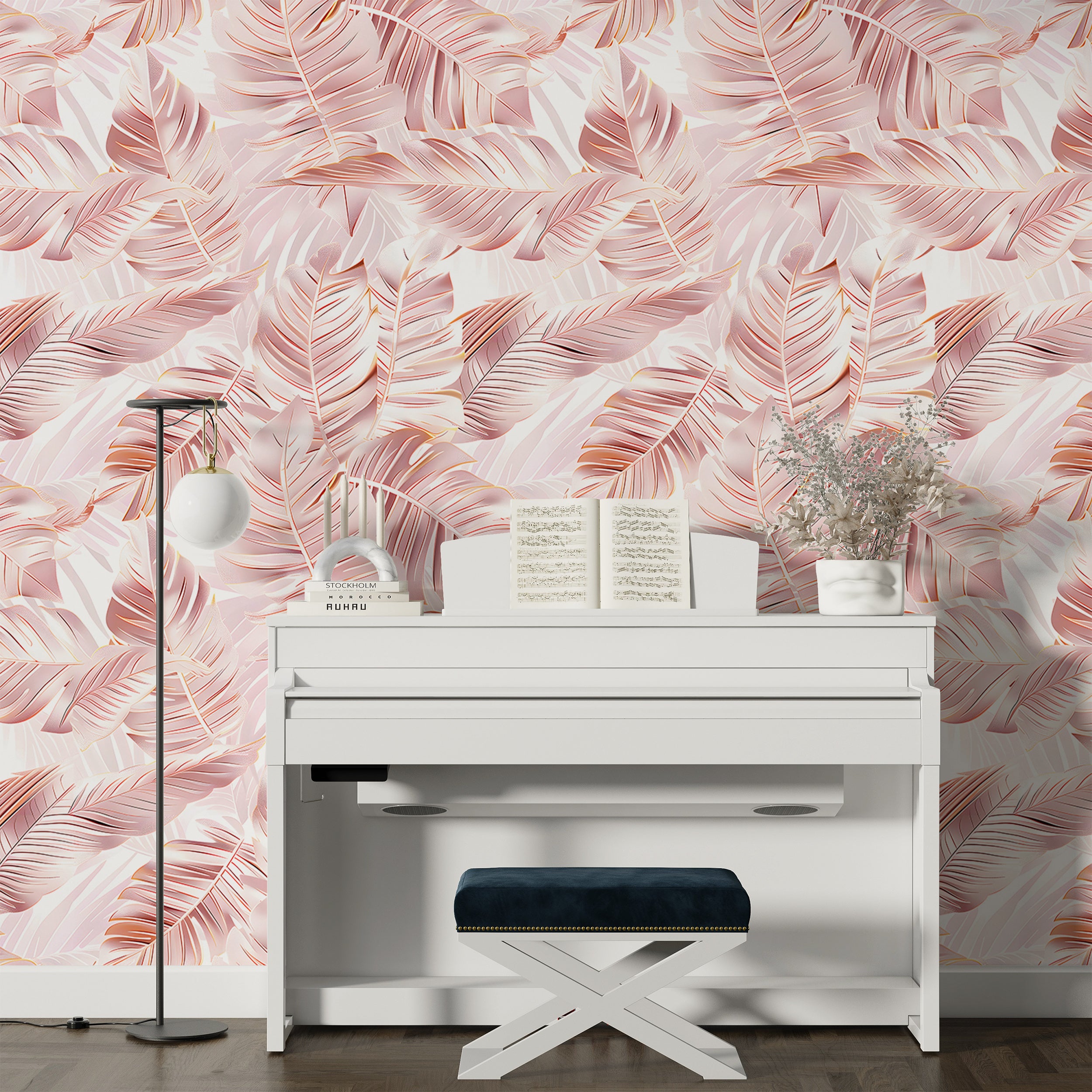 Palm Leaves in Gold Rose Colour Wallpaper, Peel and Stick Pink Tropical Decal, Removable Coastal Botanical Wallpaper, Soft Pink Palm Tree Leaf Pattern
