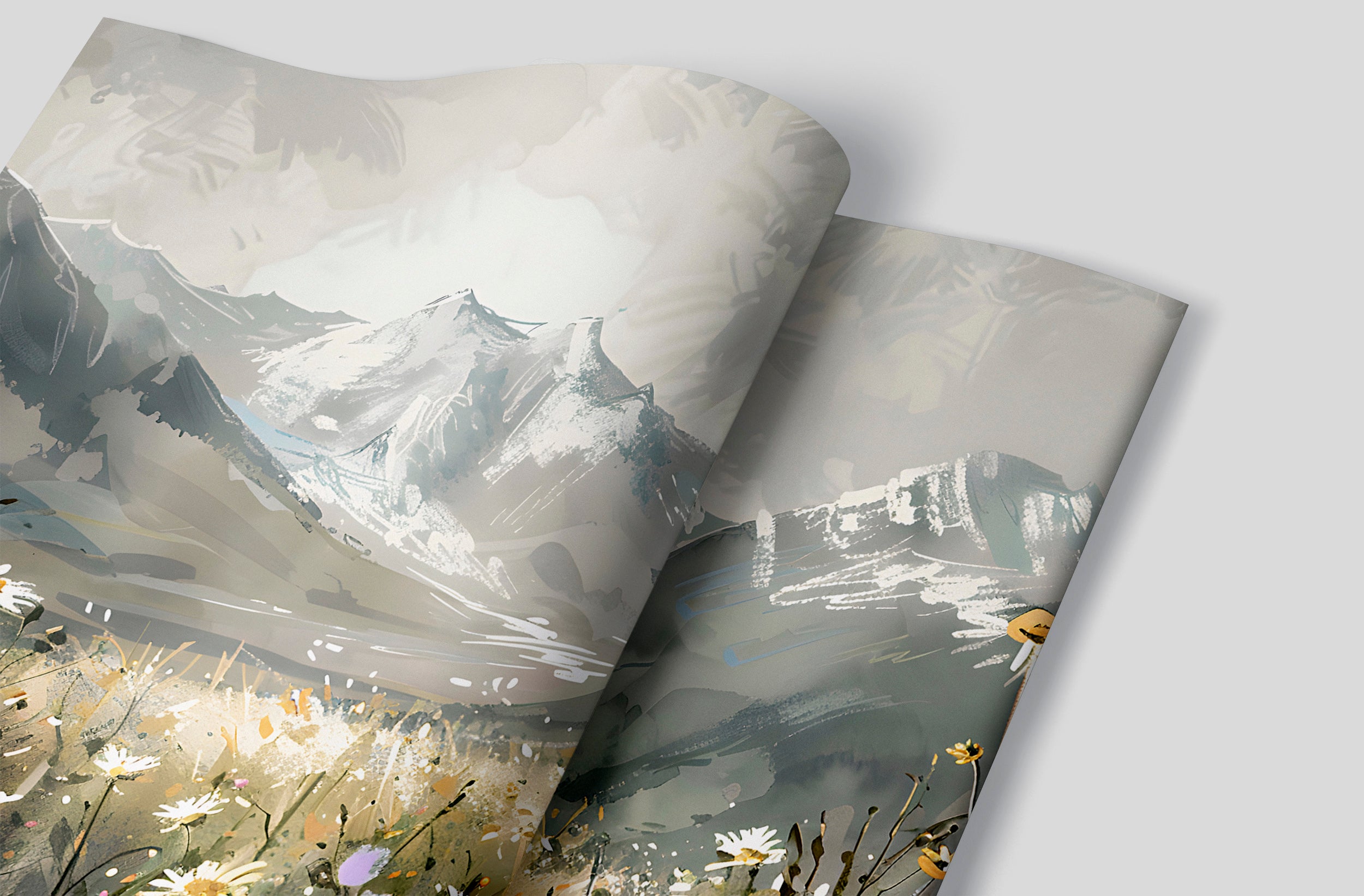 Watercolor Mountain Field Mural, Meadow Flowers in Natural Colors Wallpaper, Peel and Stick Wild Nature Landscape Mural, Grey Mountains Decal