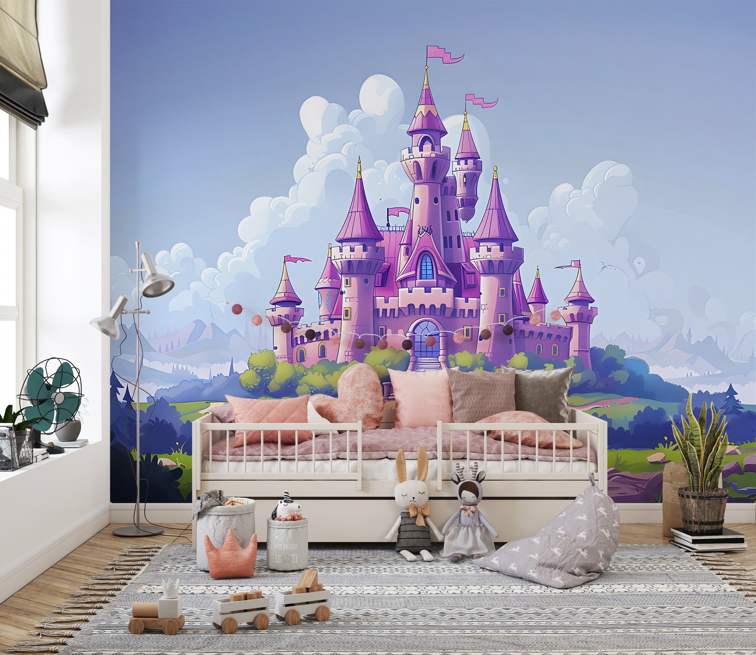 Pink Princess Castle Mural, Peel and Stick Nursery Dreamy Castle Wallpaper, Cartoon Style Kids Room Colorful Castle, PVC free Removable Decal