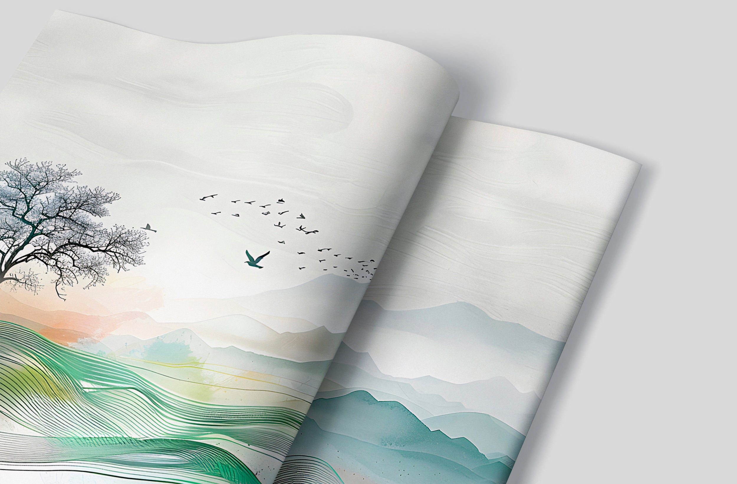 Abstract Landscape Wall Mural, Watercolor Nature Mural, Colorful Landscape Tree and Birds Wallpaper, Peel and Stick Minimalistic Wall Art