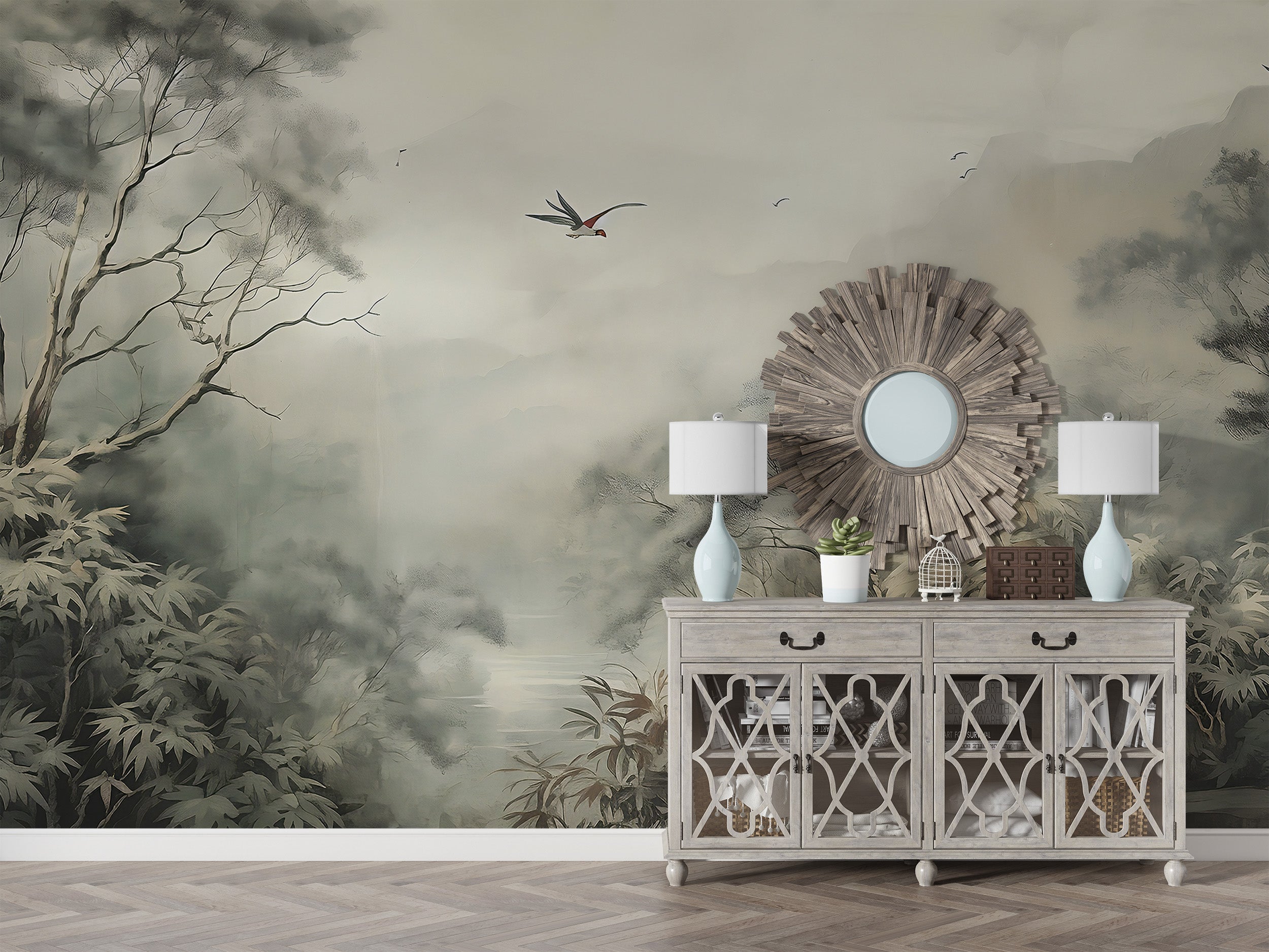 Old Style Forest Wallpaper Detail in Room Setting