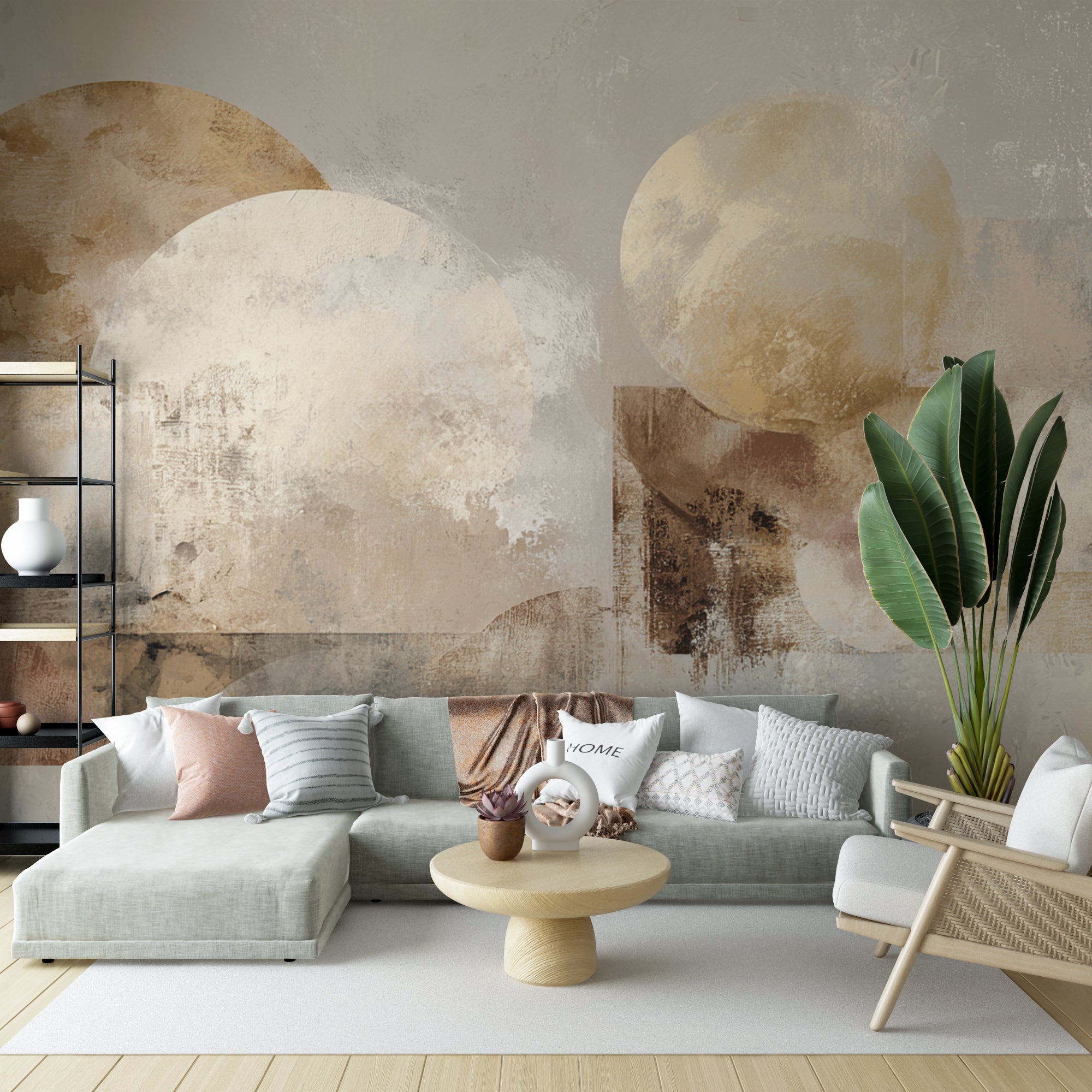 Neutral geometric mural with textured abstract forms in beige and gold