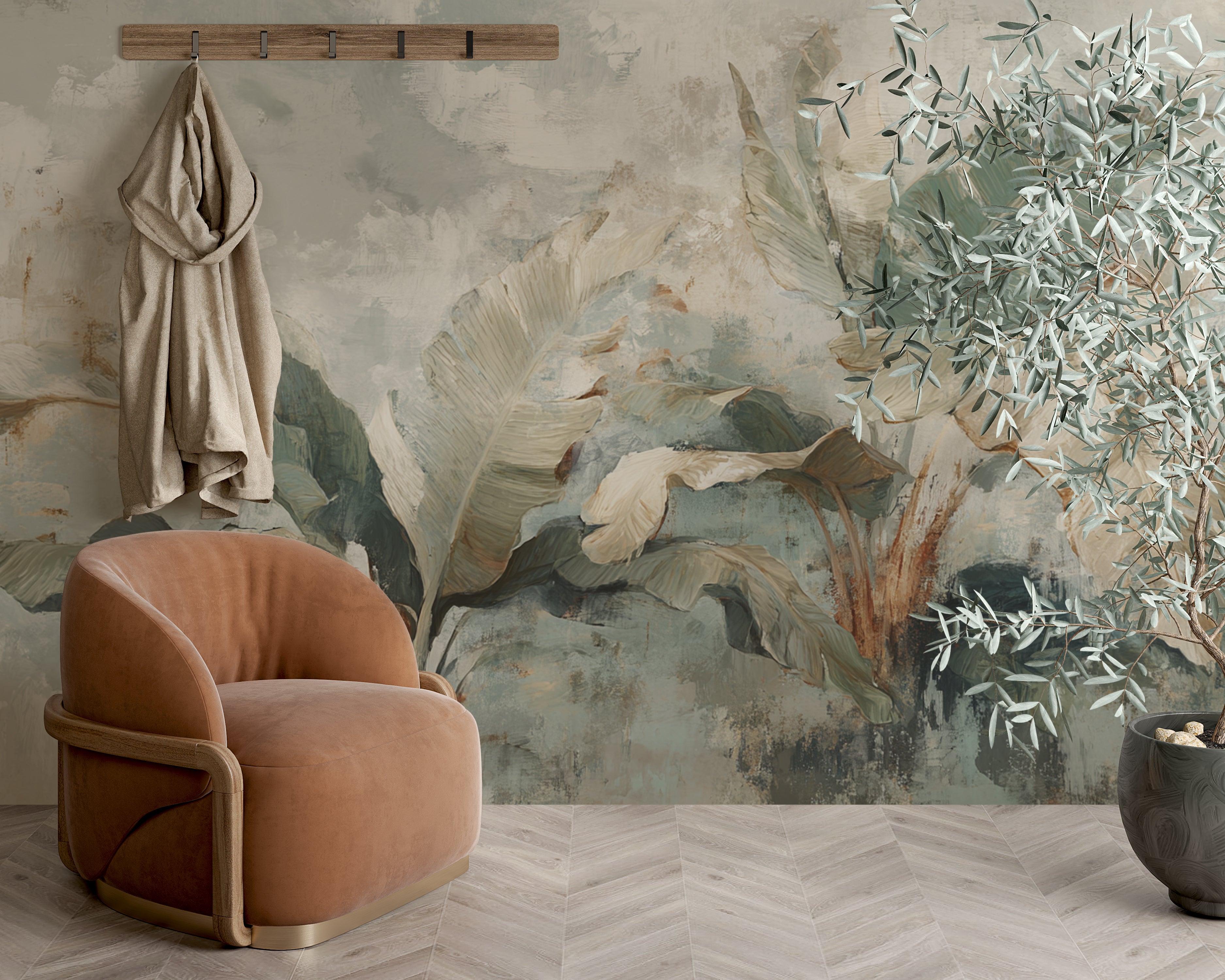 Botanical Wall Mural with Tropical Banana Leaves in Muted Green and Cream for Jungle Inspired Decor