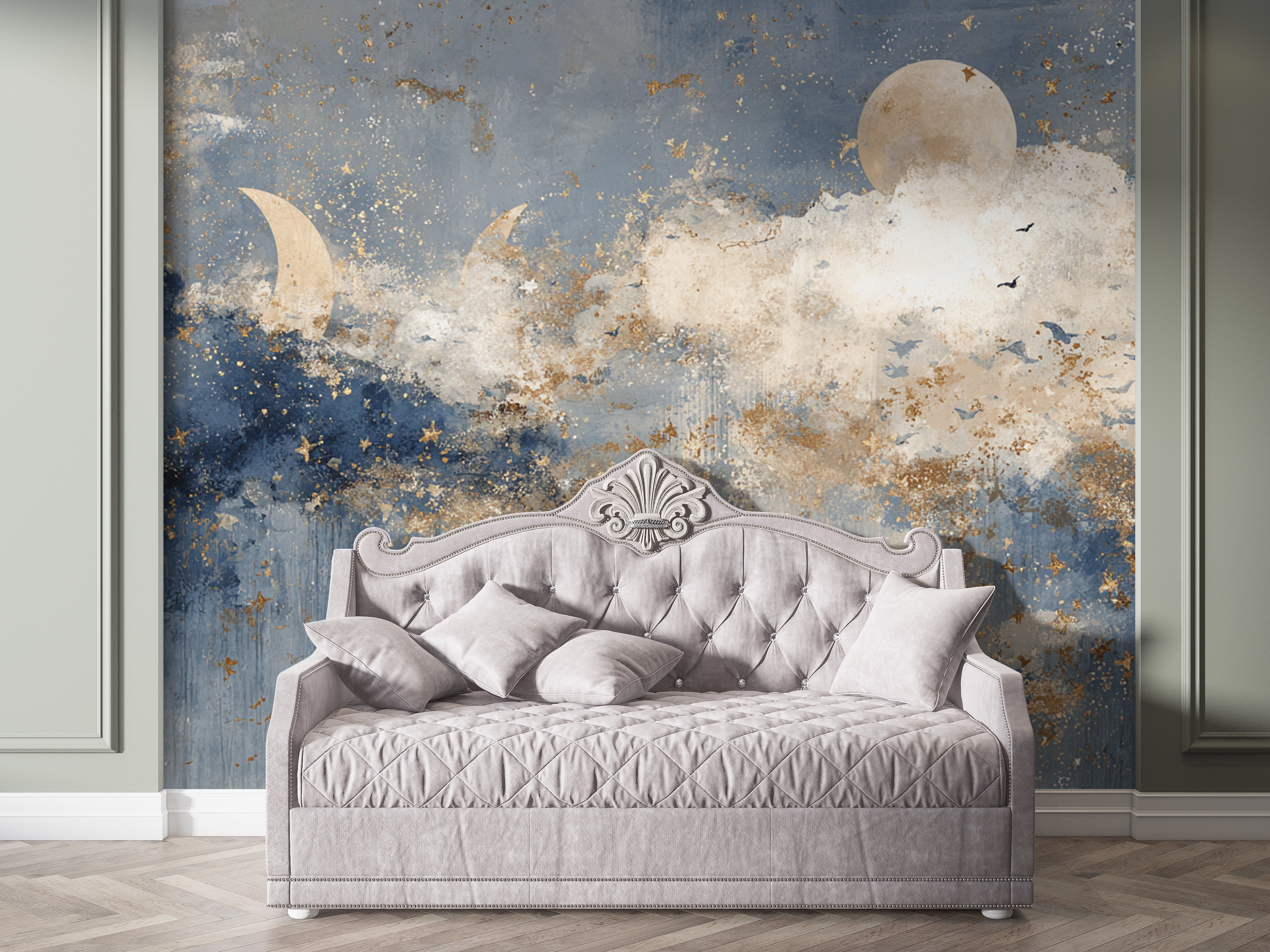 Celestial Wall Mural with Moon Phases Stars and Clouds in Navy Blue and Gold for Nursery or Dreamy Room Decor