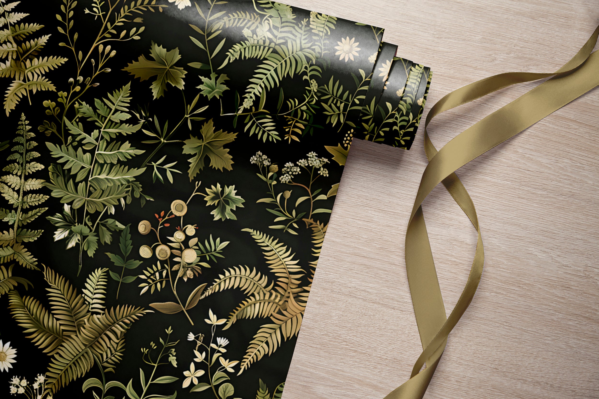 Dark Fern Botanical Pattern Wallpaper, Floral Leaves from Wild Forest Decal, Peel and Stick Removable Greenery Decor, PVC-free Black and Green