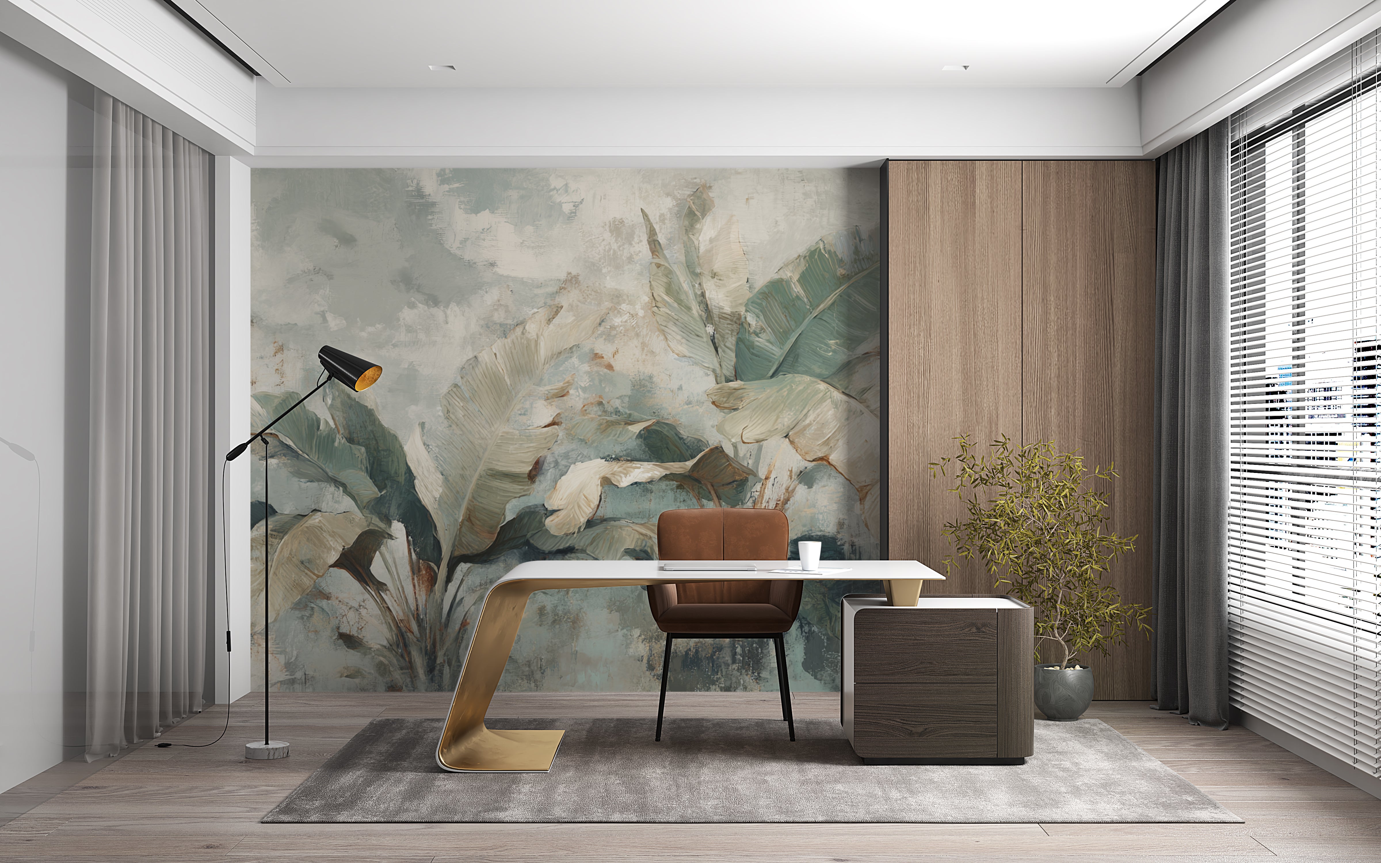 Botanical Wall Mural with Tropical Banana Leaves in Muted Green and Cream for Jungle Inspired Decor