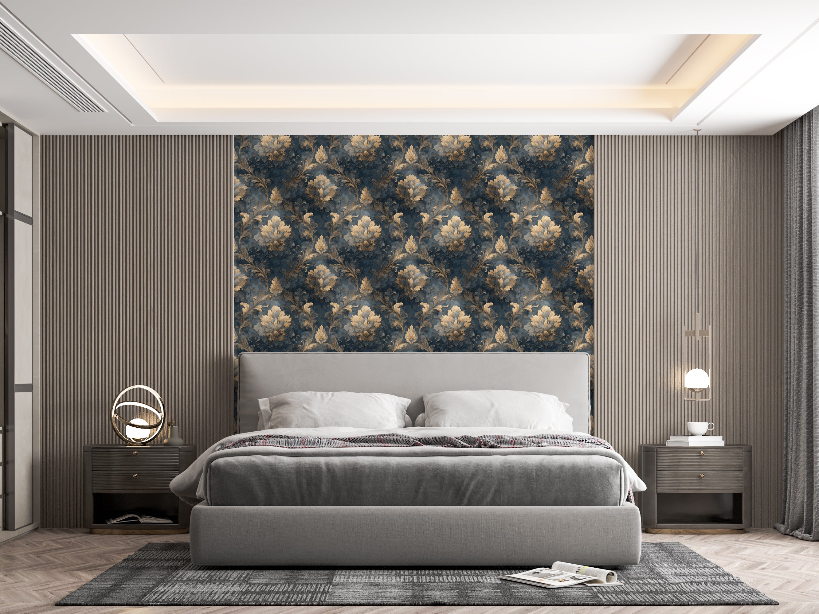 Luxurious navy blue and gold baroque damask wallpaper backdrop in a modern bedroom with a grey upholstered