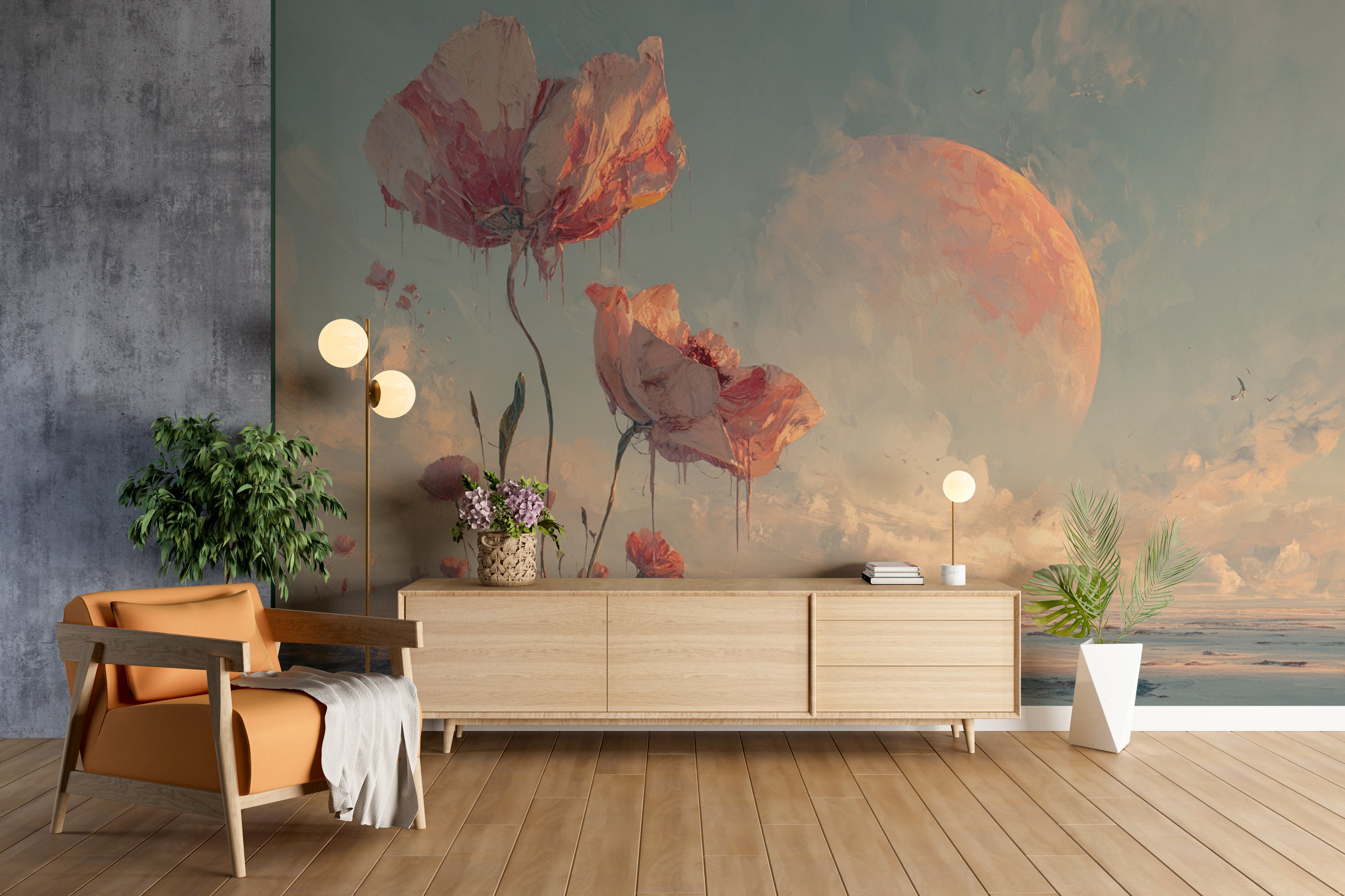 Surreal Floral Wallpaper Mural – Giant Pink Flowers in Dream Desert Landscape with Moon, Fantasy Wall Art for Bedroom or Creative Space