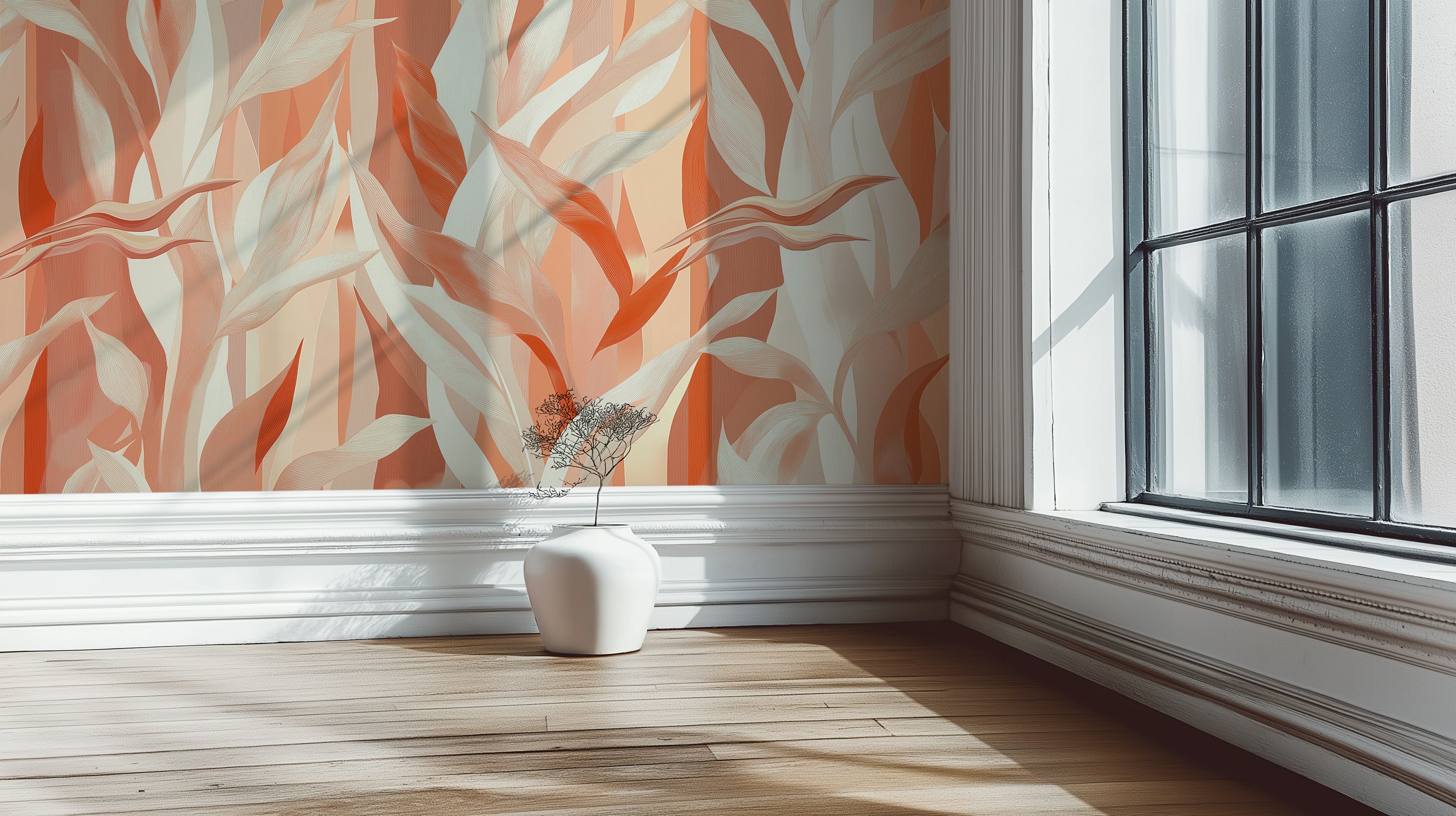 Elegant abstract mural with flowing leaves in warm orange and beige tones, modern nature-inspired background for design and decoration