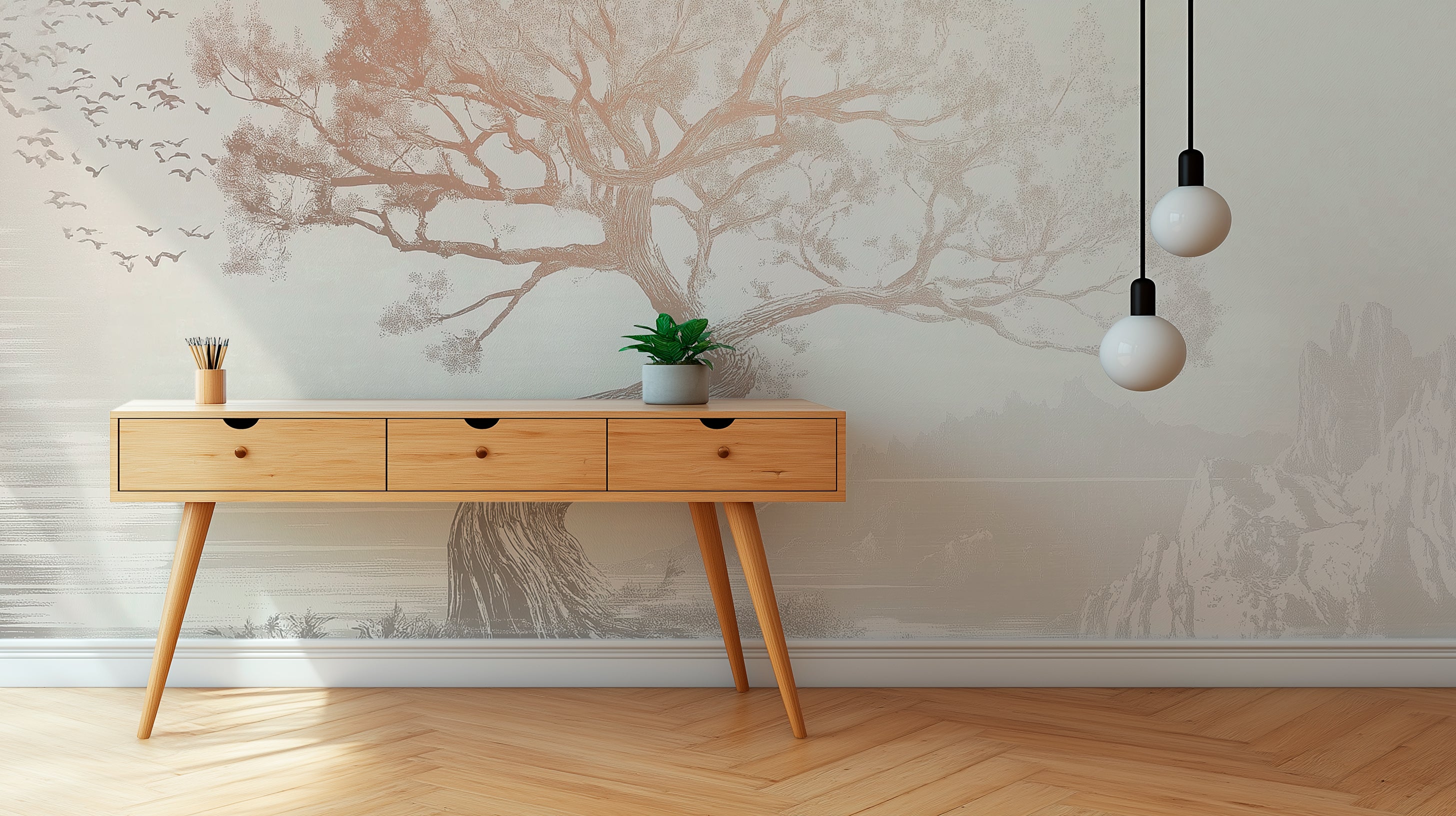 Minimalist mural with landscape with twisted tree and flying birds in soft monochrome tones, serene nature-inspired artwork with Asian aesthetic for decor.