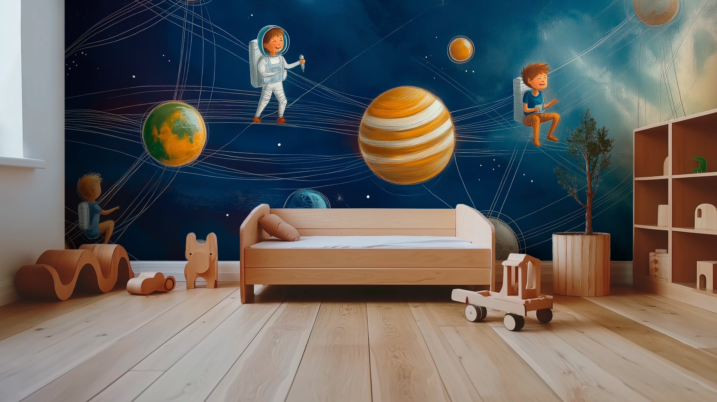 Whimsical space adventure with children exploring planets on cosmic paths, dreamy fantasy illustration of kids traveling through the universe. Mural.