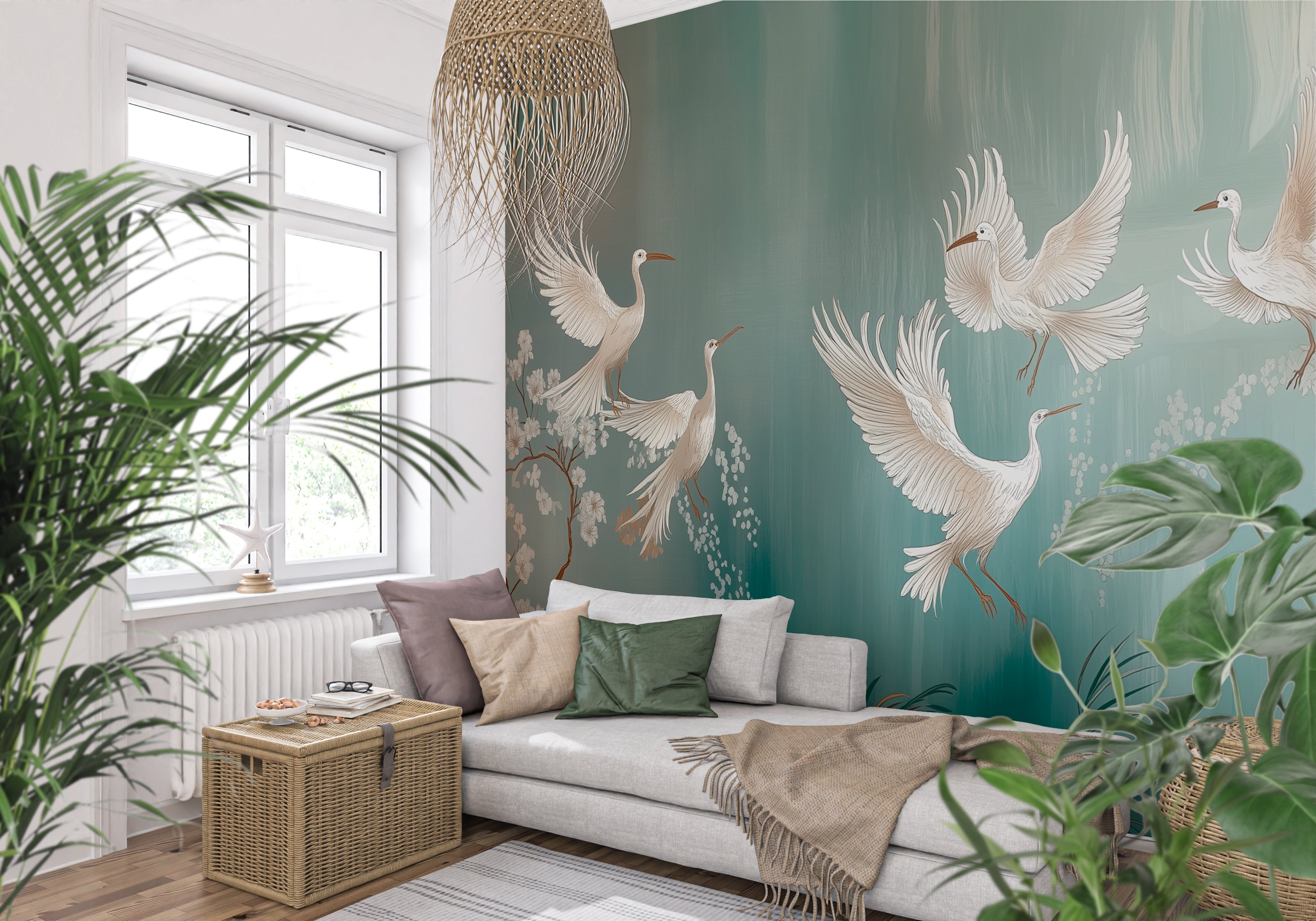 Elegant Floral Bird Wallpaper – Vintage Botanical Wall Decor for Living Room