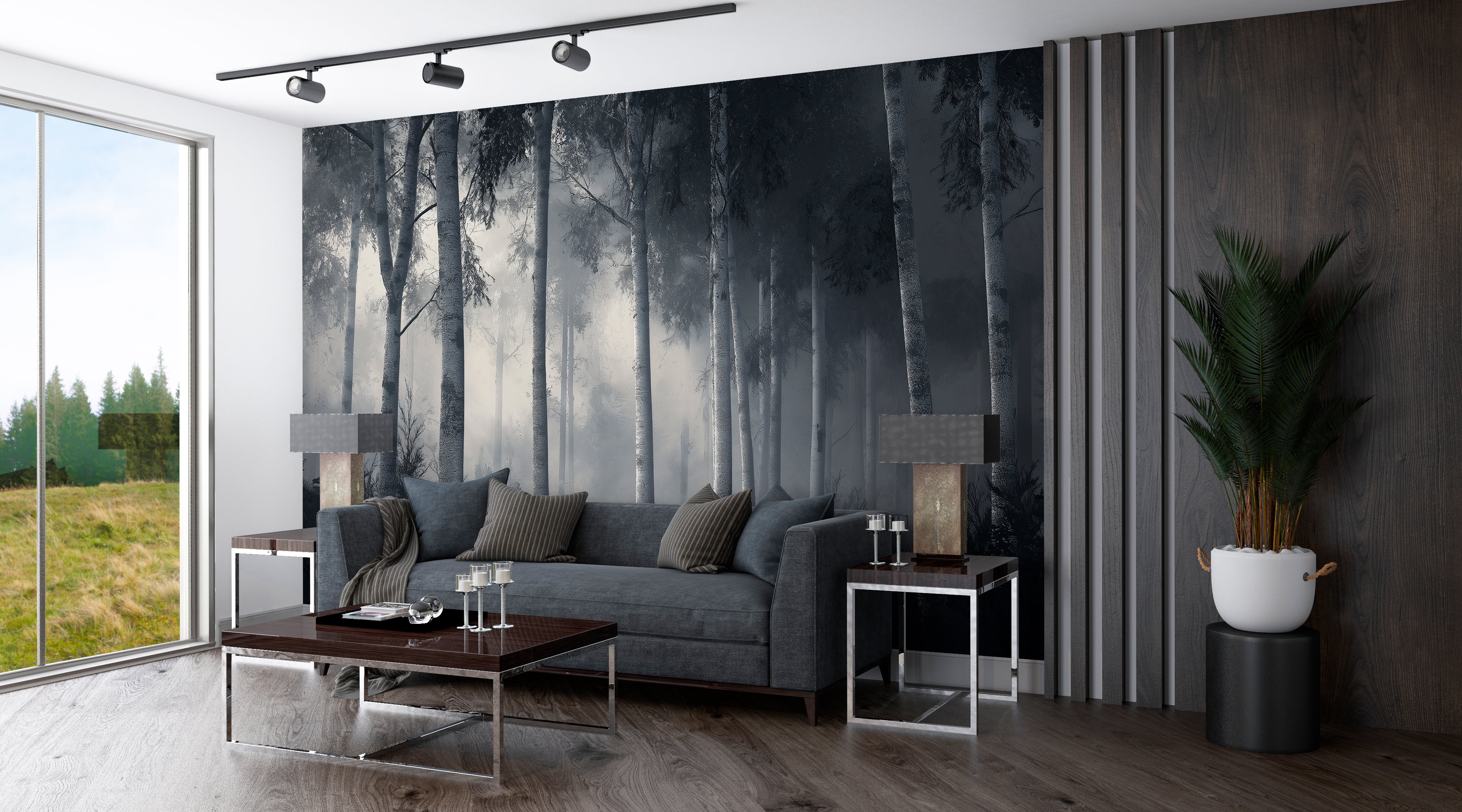 Forest Misty Trees Wallpaper – Nature Wall Decor, Woodland Scene, Black & White Aesthetic