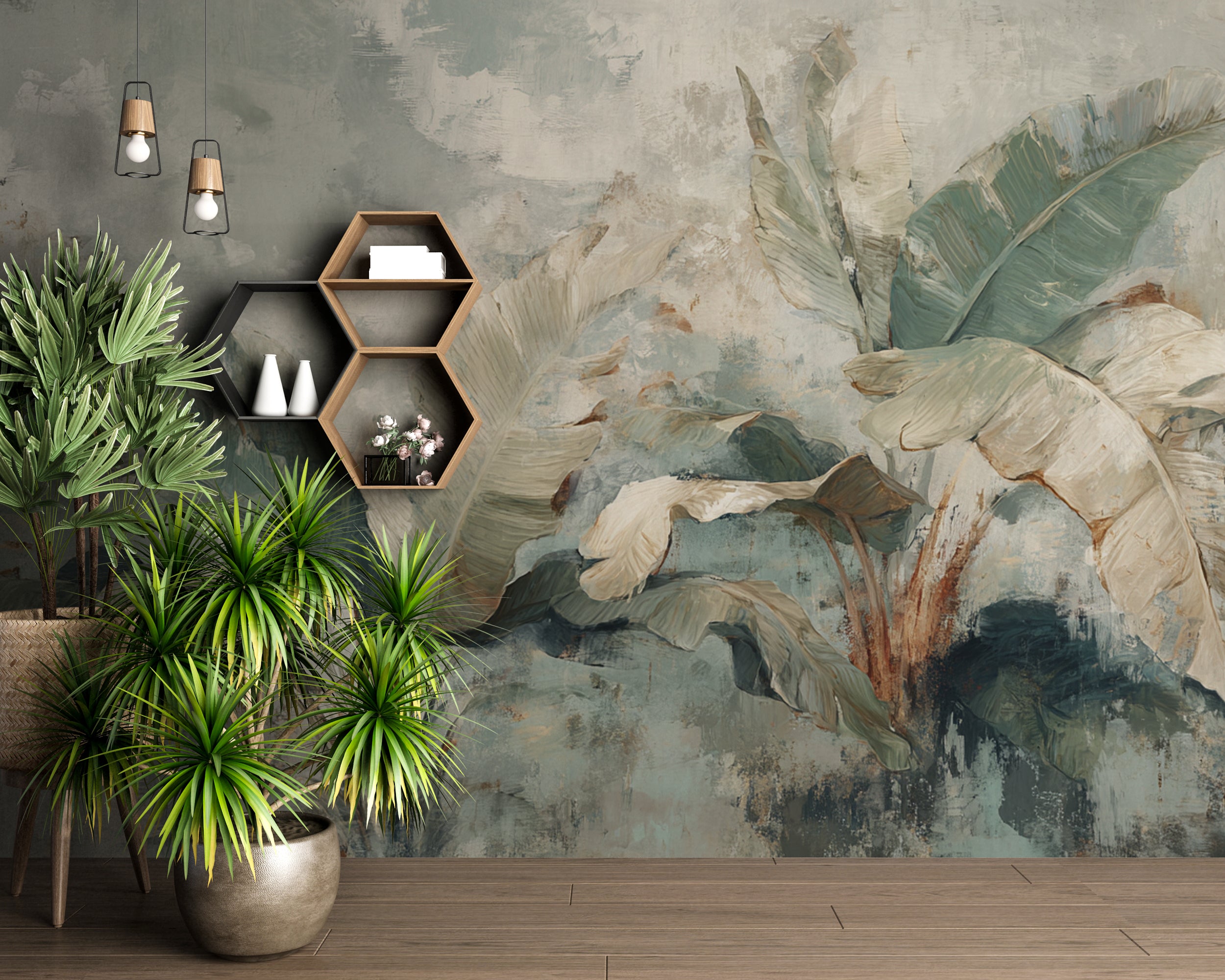 Botanical Wall Mural with Tropical Banana Leaves in Muted Green and Cream for Jungle Inspired Decor