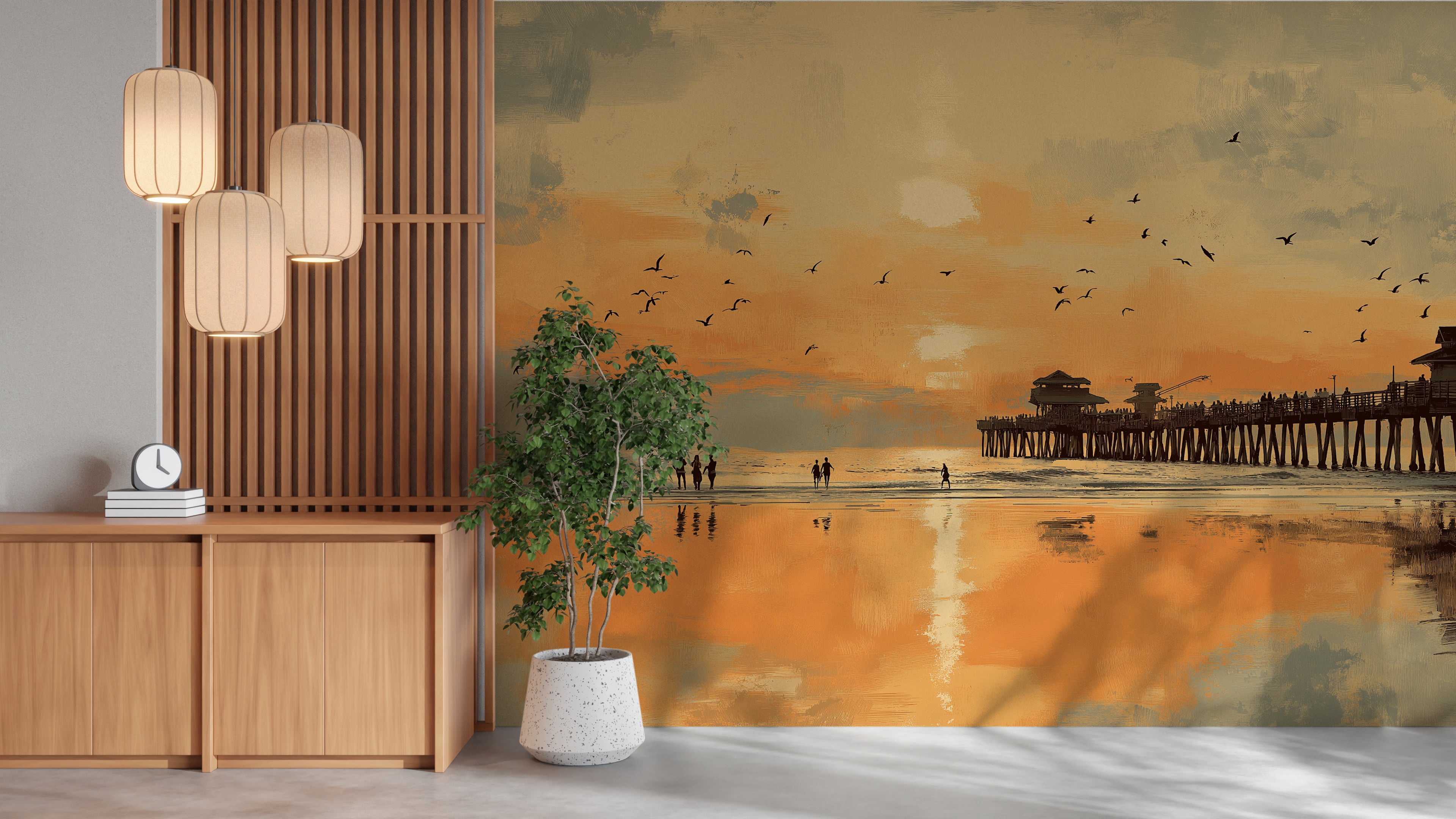 Ocean horizon wall mural with orange sunset glow