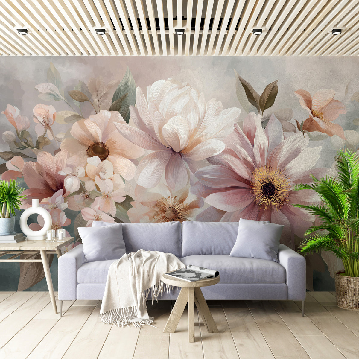 Large botanical mural with pink and white blossoms