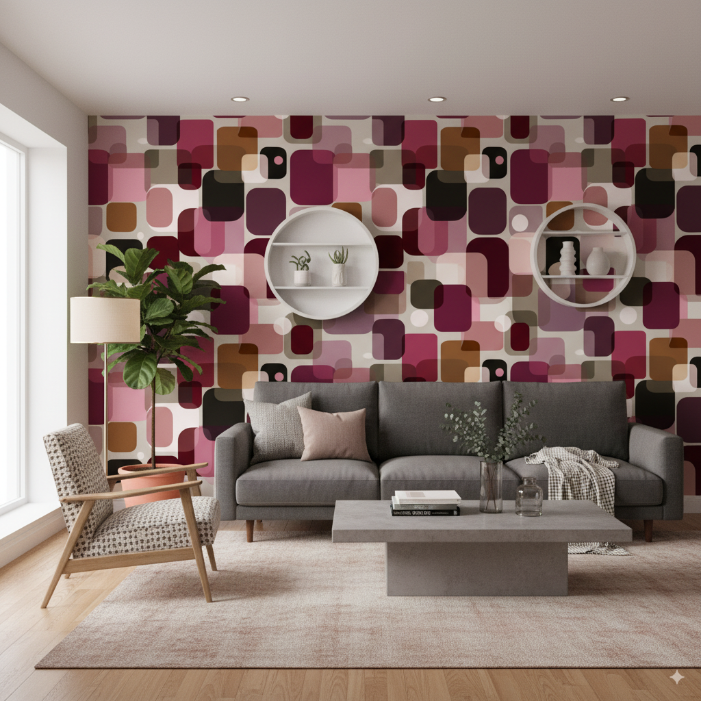 Retro Wallpaper - Geometric Wallpaper | Retro Geometric - Burgundy Pink Beige Rounded Rectangle Peel and Stick Wallpaper