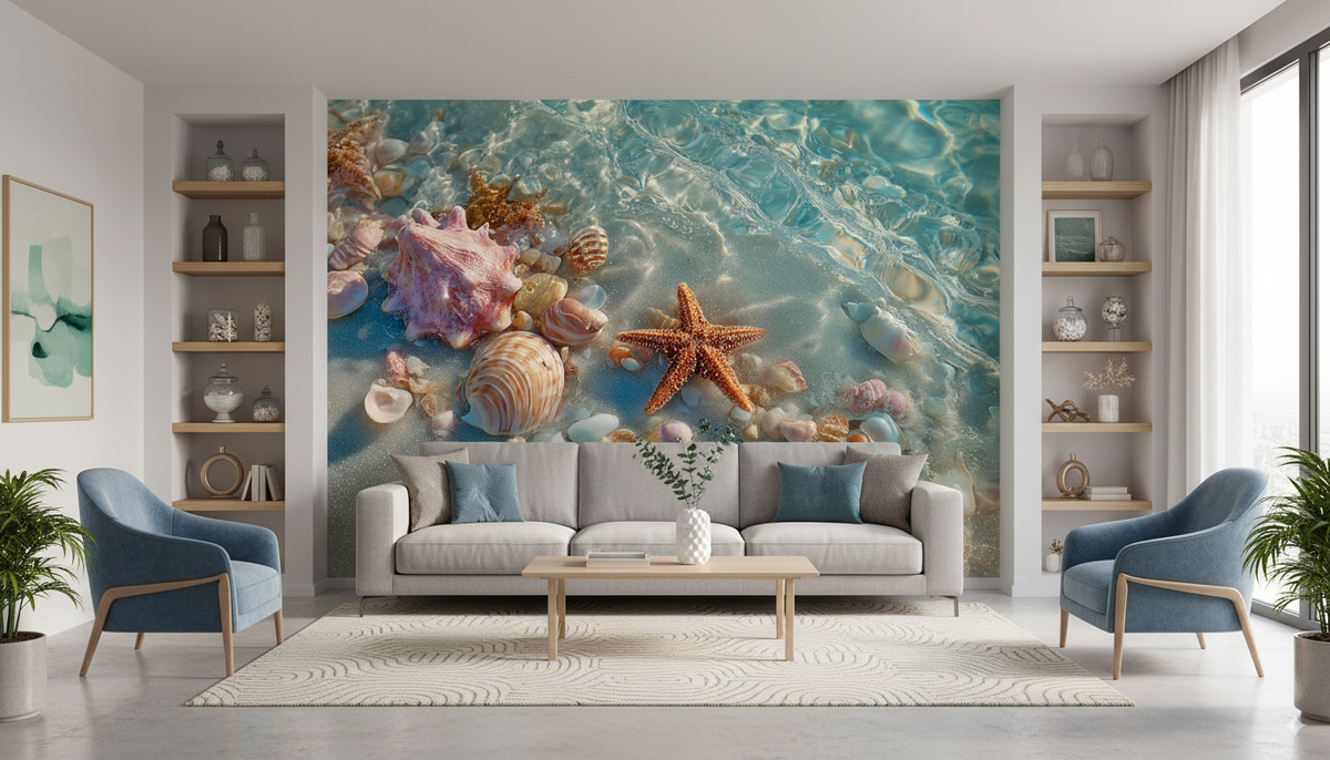 Seashell Wall Mural - Starfish Beach Art | Coastal Bathroom - Ocean Waves, Pink Shells, Sandy Shore, Removable Peel and Stick Beach Decor 2.