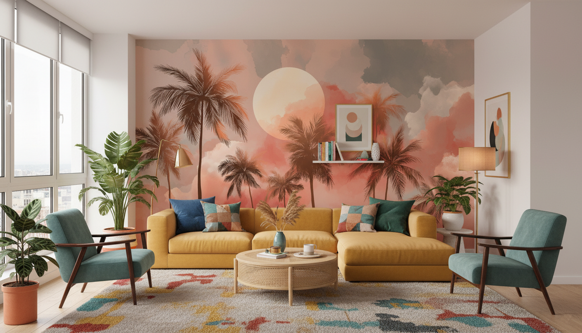 Tropical Sunset Palm Tree Wall Mural | Warm Coral Watercolor Sky, Coastal Peel and Stick Mural, Bedroom Bathroom Living Room Decor