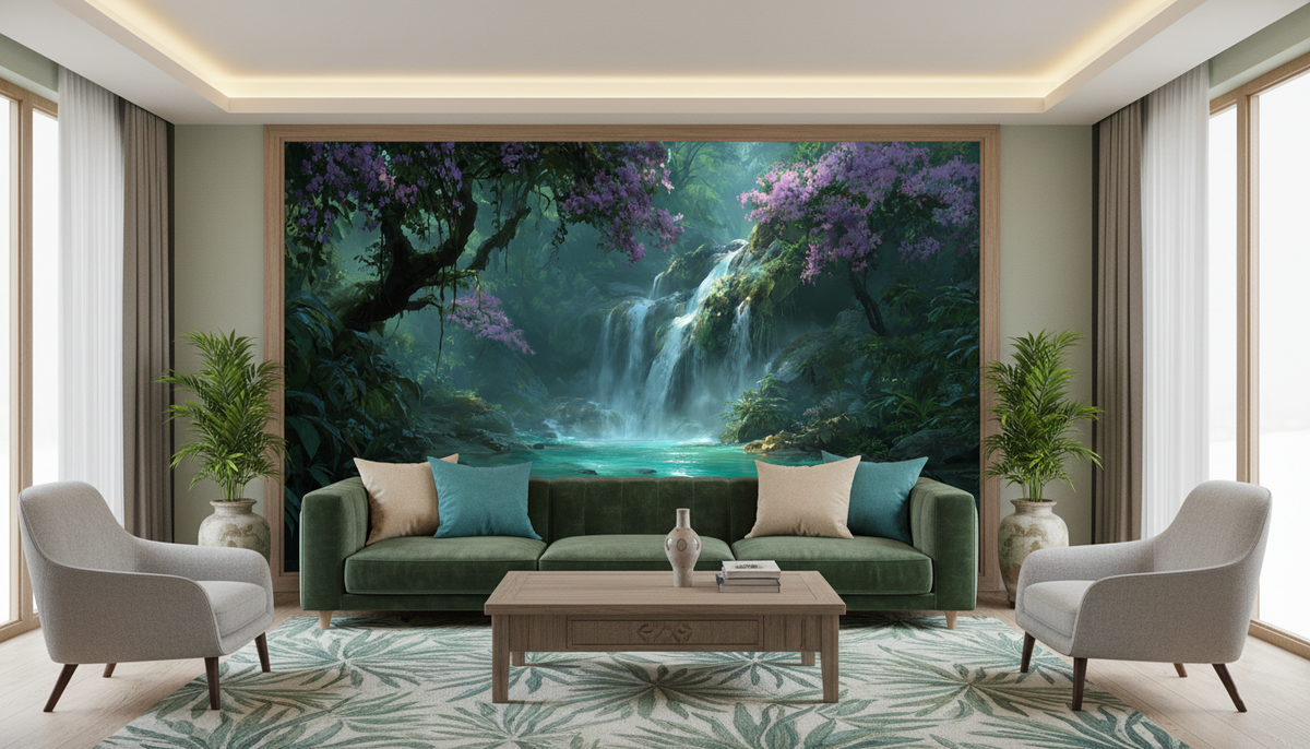 Tropical Jungle Waterfall Wall Mural | Emerald Lagoon, Purple Flowers, Moody Rainforest Peel and Stick Mural, Bedroom Bathroom Living Room Decor