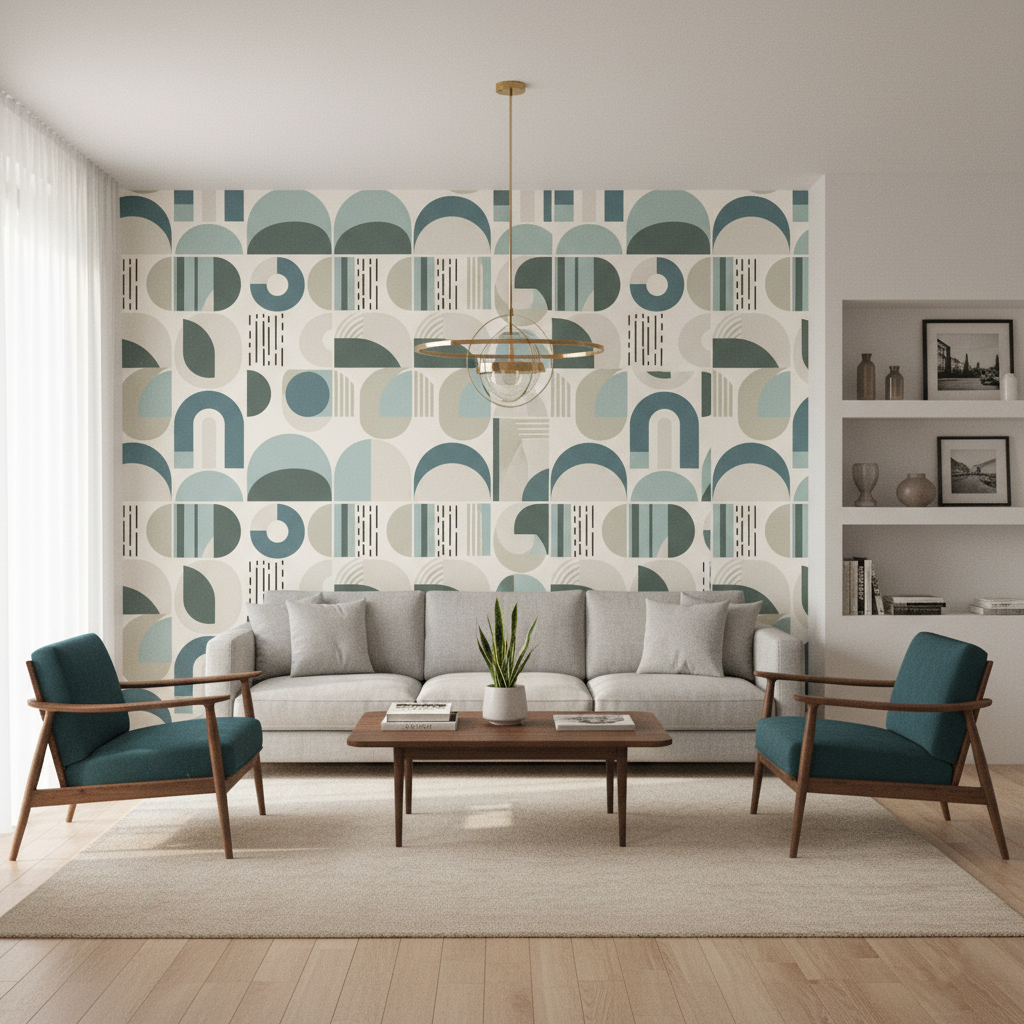 Scandinavian Geometric Wallpaper | Soft Blue Taupe Arches and Circles, Mid Century Peel and Stick Wallpaper, Minimalist Bedroom Decor