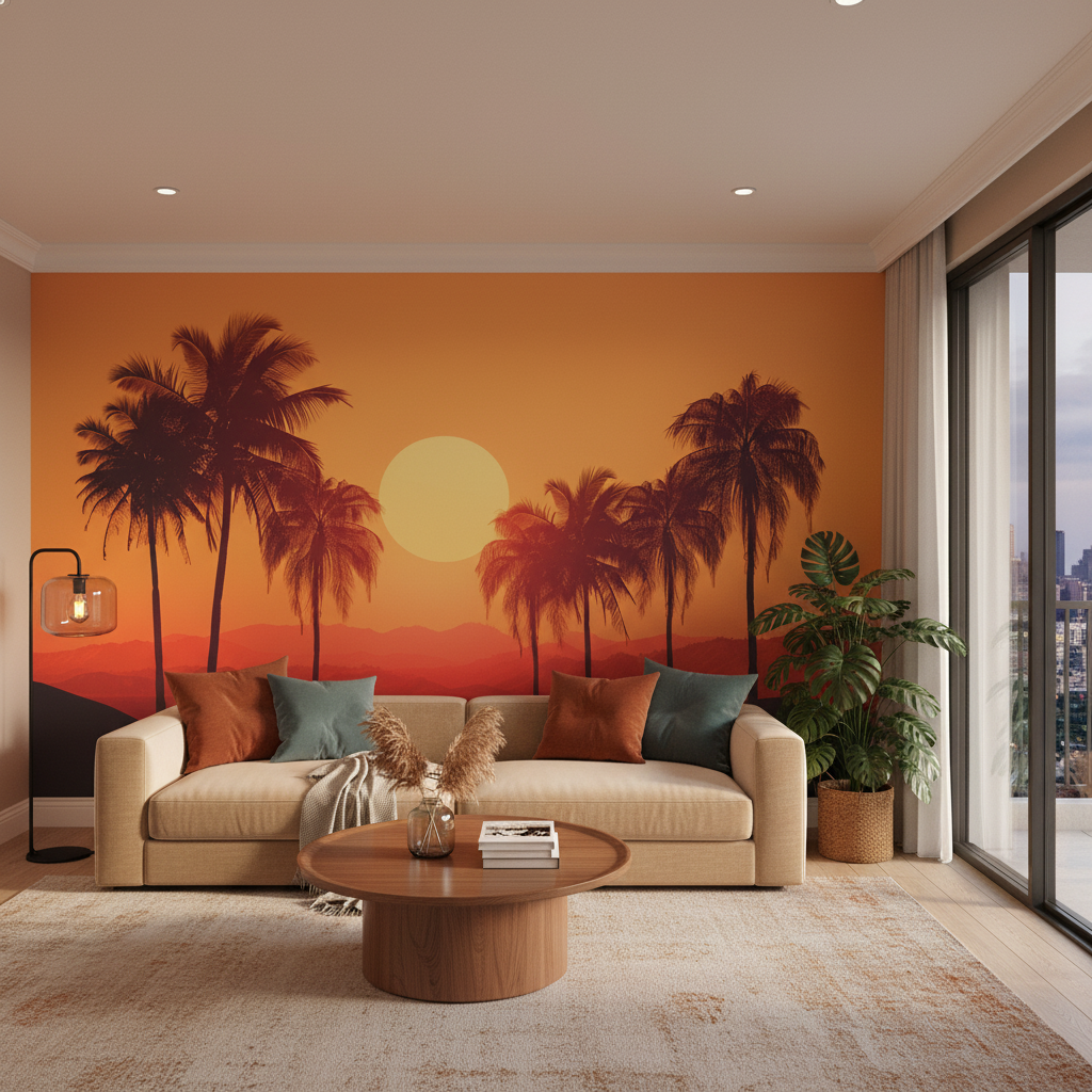 Tropical Sunset Palm Wall Mural | Retro 1960s Beach Landscape, Orange Red Palm Trees Peel and Stick Mural, Mid Century Bedroom Decor