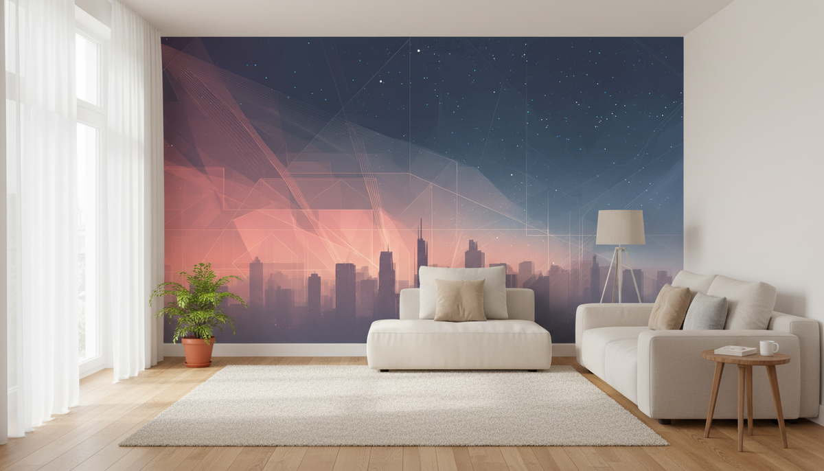 Cosmic Cityscape Wall Mural | Navy Blue Pink Futuristic Skyline, Starry Sky Neon Line Peel and Stick Mural, Modern Bedroom Office Decor