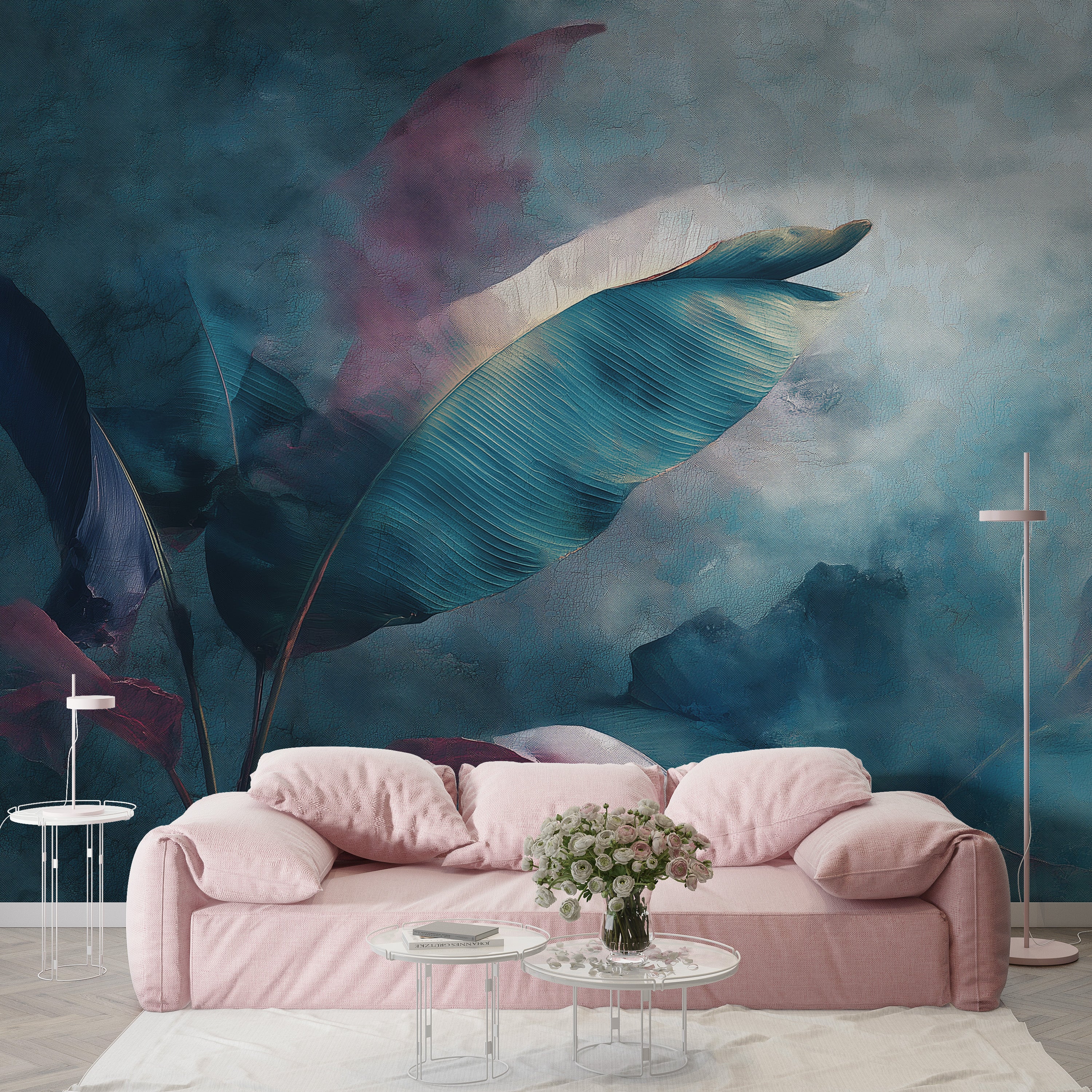Abstract tropical leaves mural in teal and purple watercolor tones on living room wall with a pink sofa and botanical decor