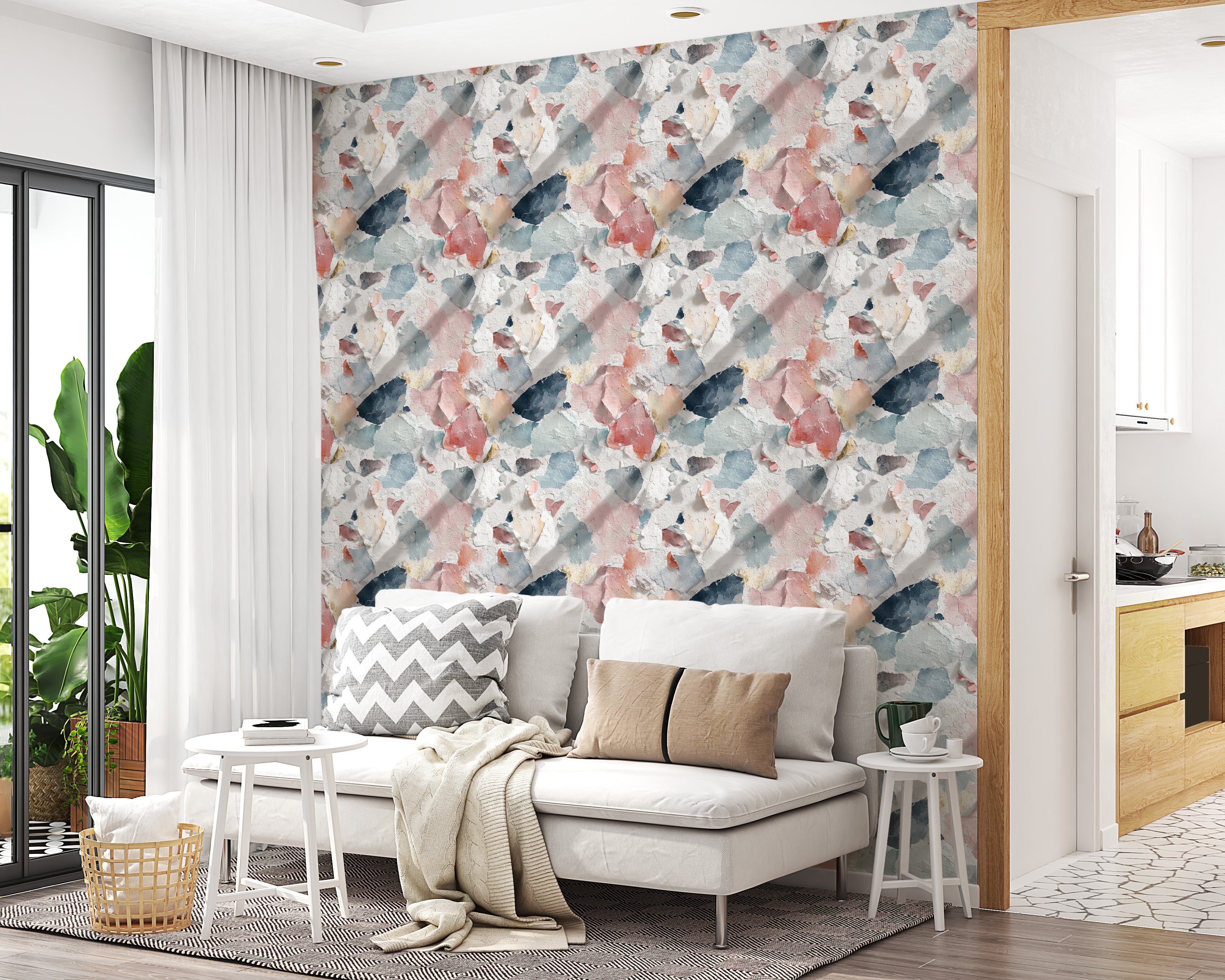 Distressed paint wallpaper in coral, blue, cream, and navy with a vintage, weathered texture