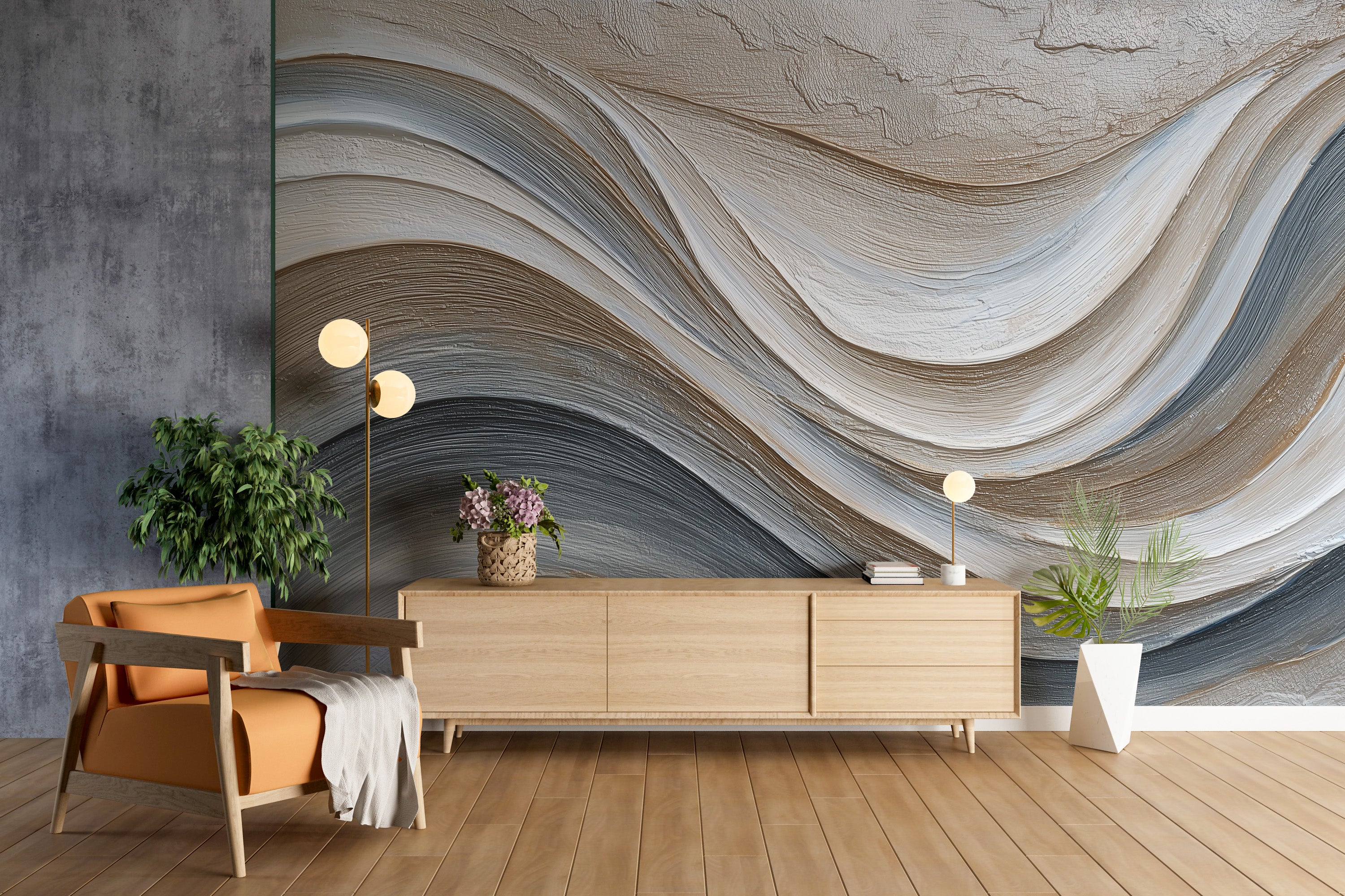 Abstract flowing waves mural in gray beige tones on a living room wall with wooden sideboard, plants, and warm lighting