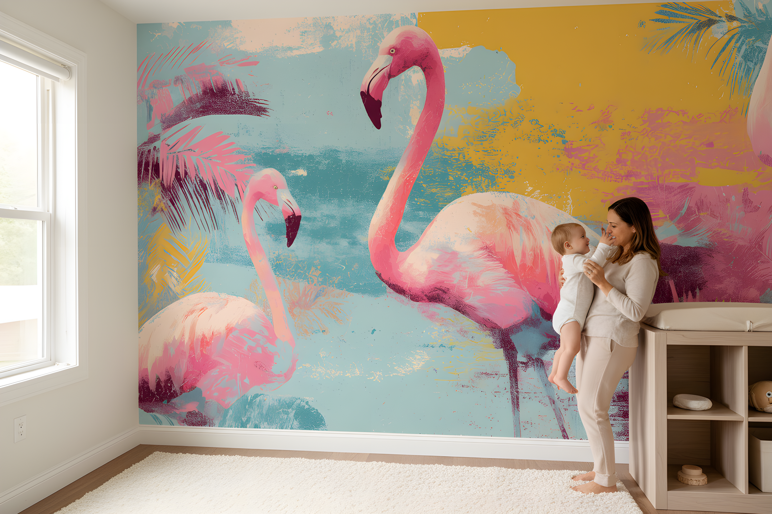 Vibrant tropical flamingo mural in pink turquoise with watercolor texture on wall behind a mother and baby