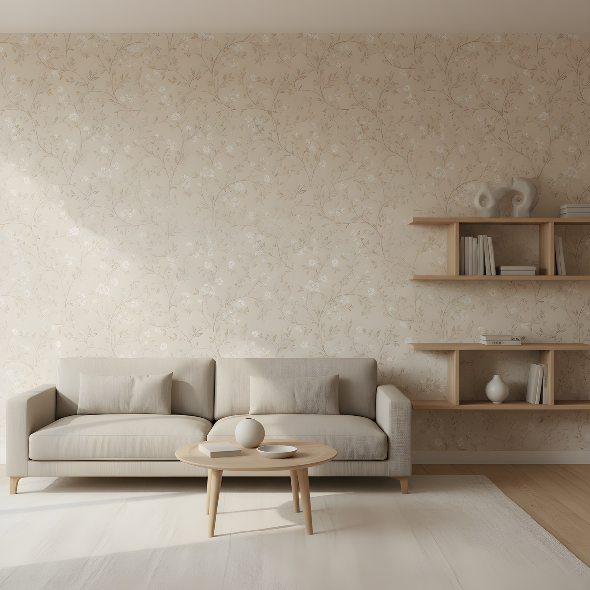 Beige Floral Wallpaper | Delicate White Flower Vine Pattern, Neutral Botanical Peel and Stick Wallpaper, Vintage Bedroom Decor
